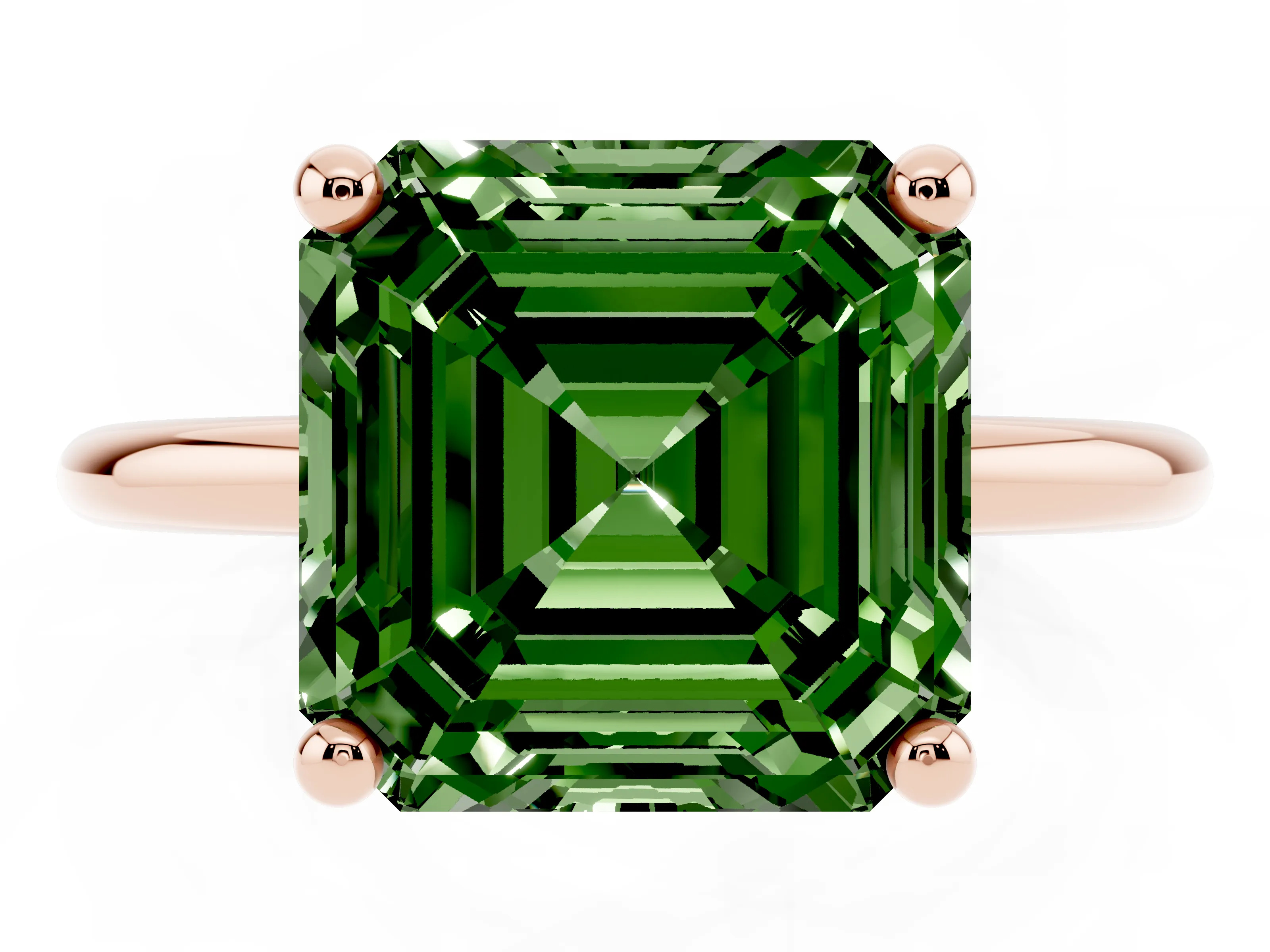 Fancy Green Asscher Cut Diamond Solitaire Ring Set in Rose gold with Secure Prong Setting on a Classic Band