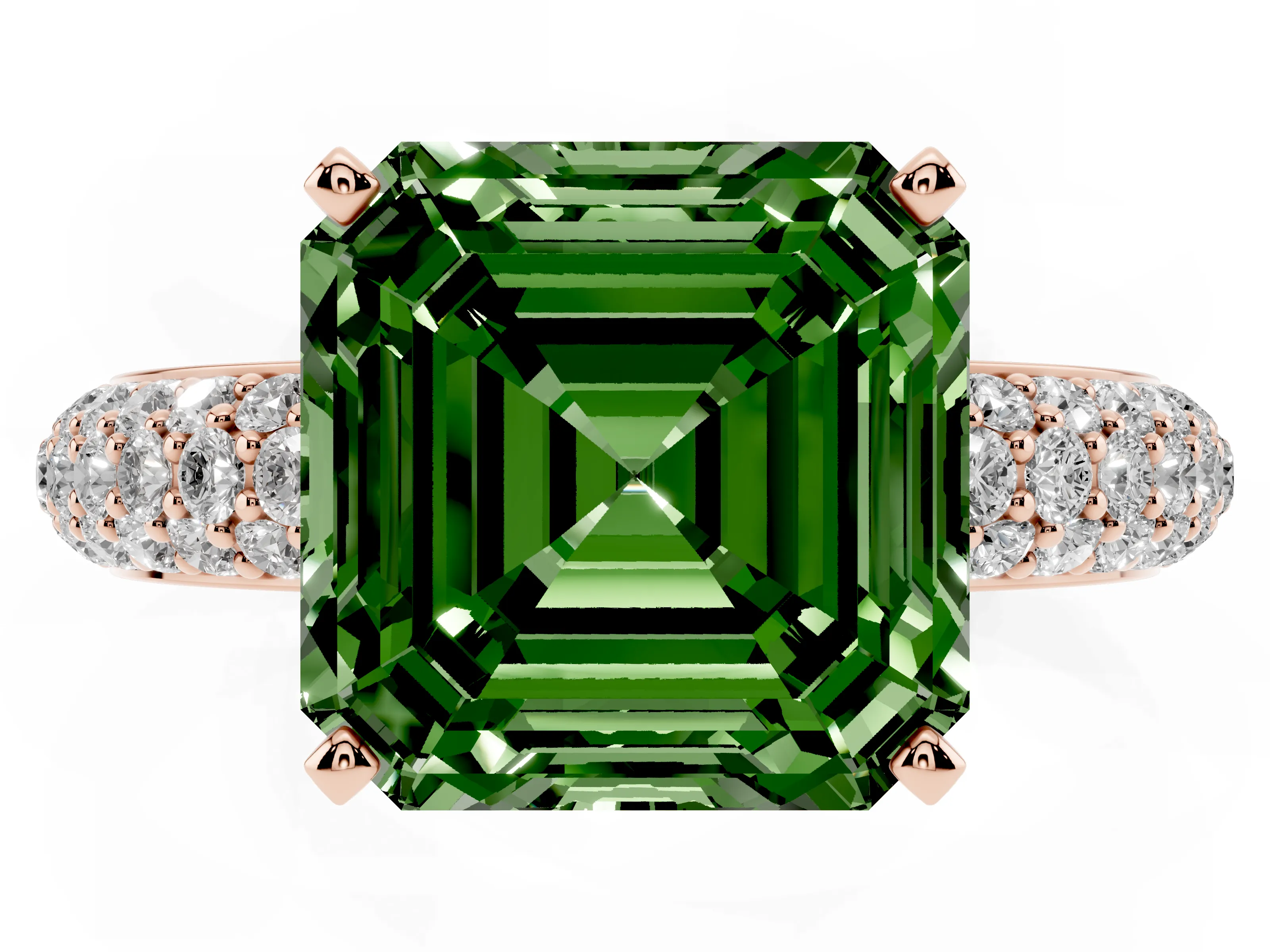 Fancy Green Asscher Cut Diamond Solitaire Ring Set in Rose gold with Prong Setting and Pavé-Set Band