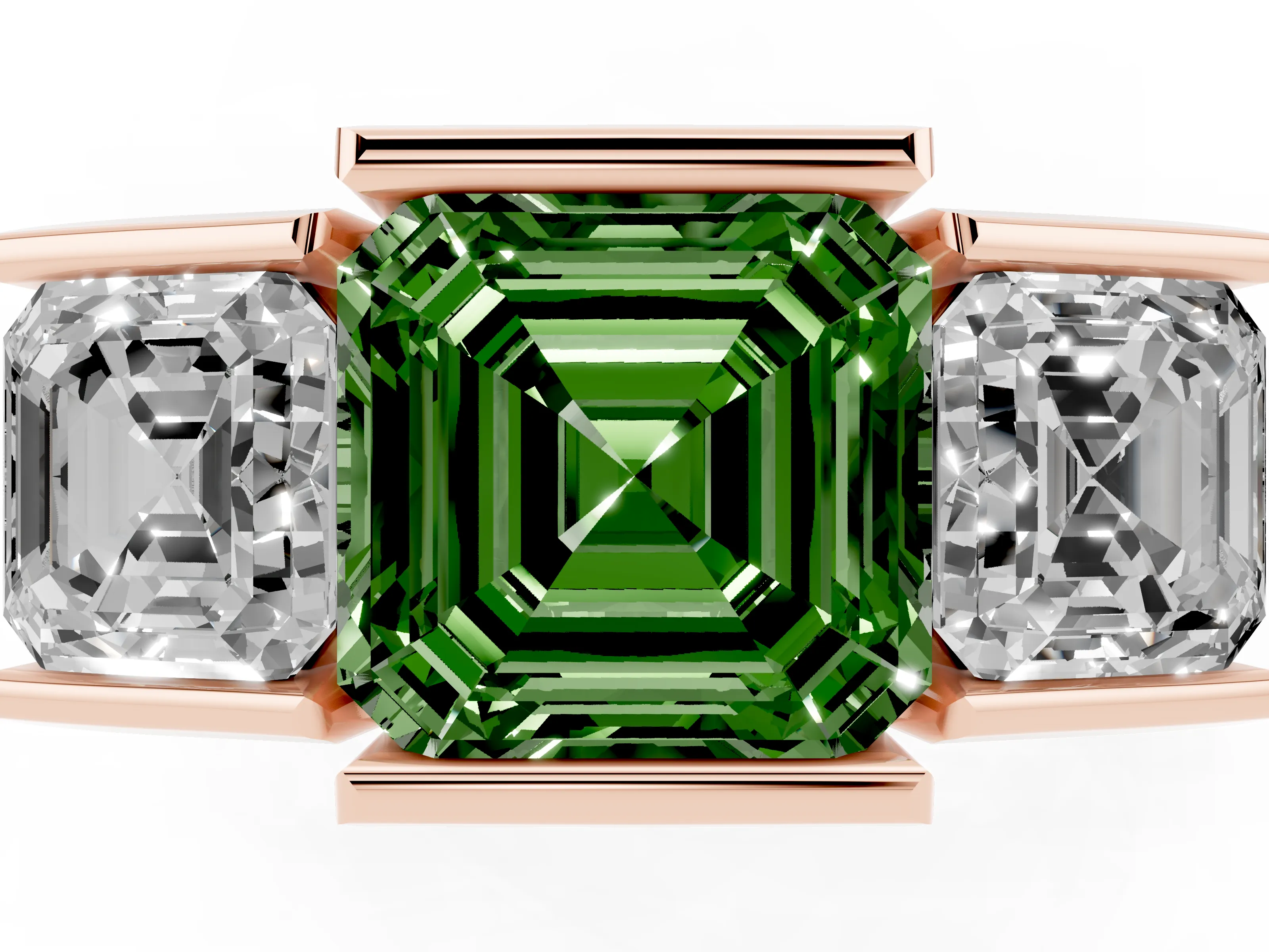 Fancy Green Asscher Cut Diamond Three-Stone Channel Set Ring Set in Rose gold with Smooth Polished Band