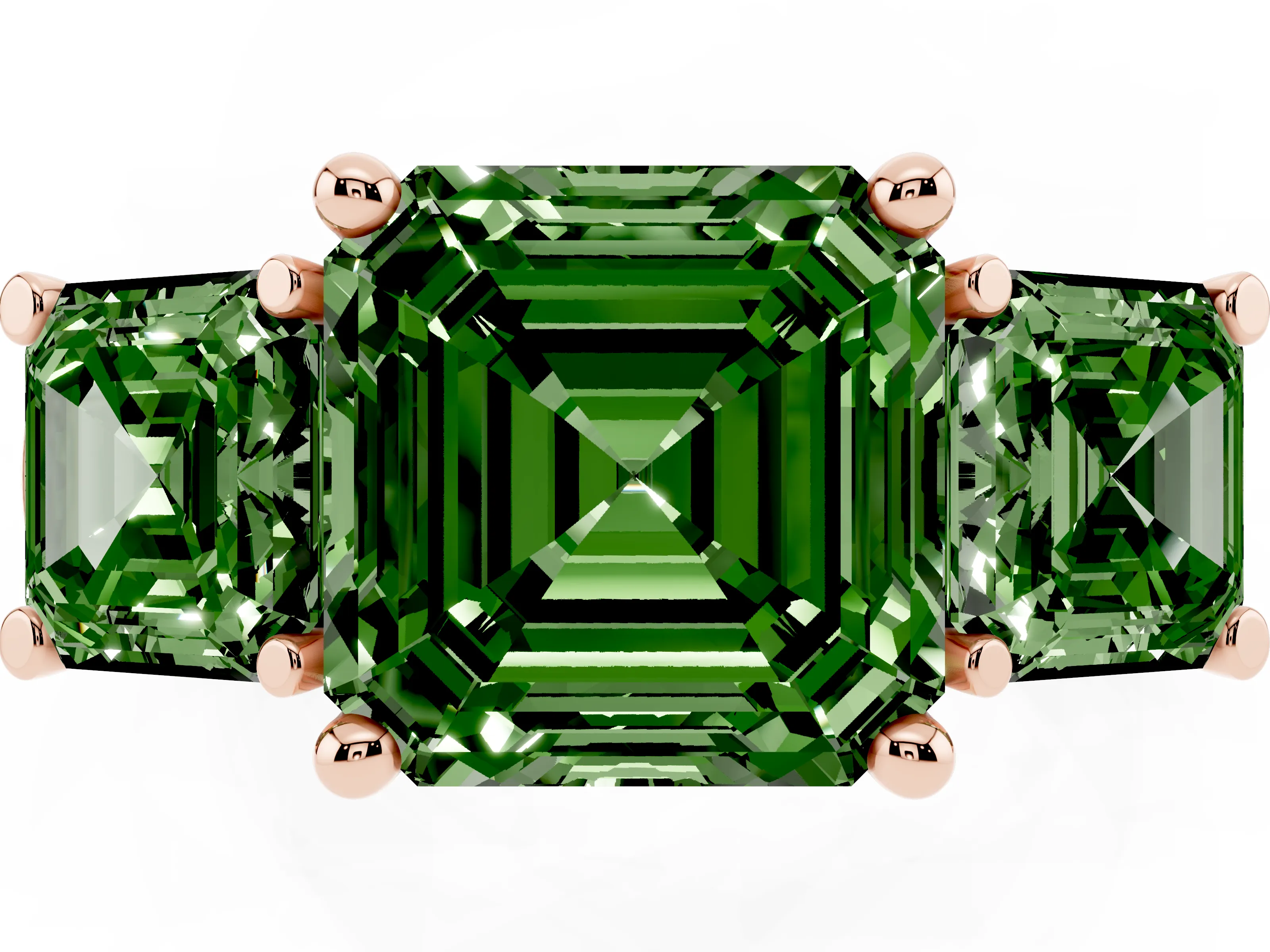 Fancy Green Asscher Cut Diamond Three-Stone Trellis Ring Set in Rose gold with Comfort Fit Band