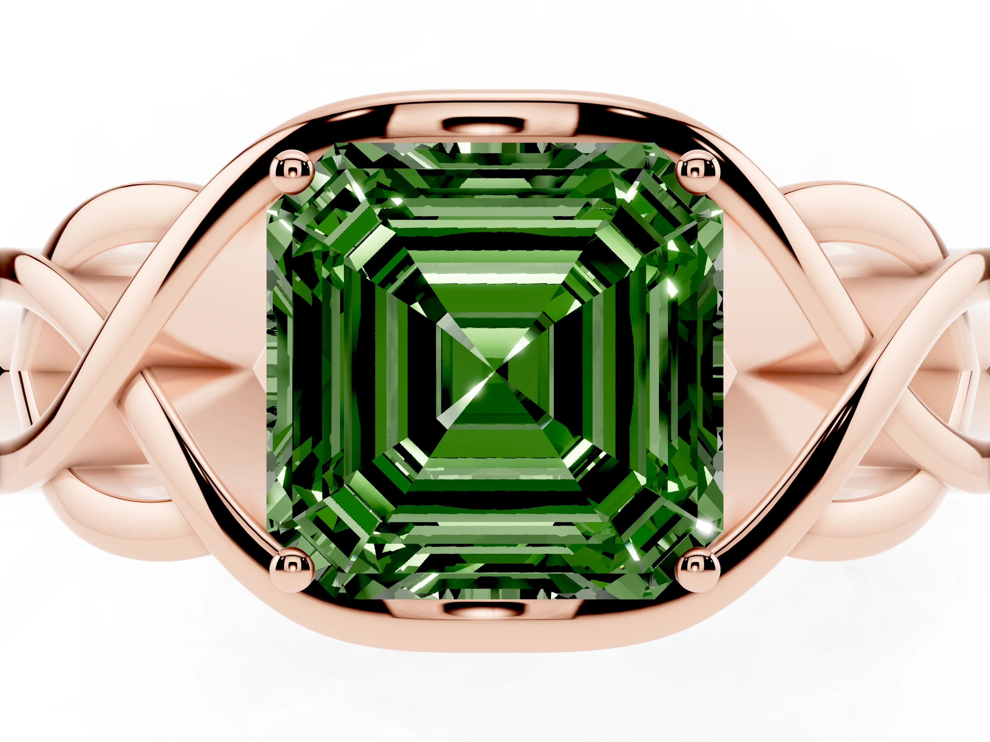 Fancy Green Asscher Cut Diamond Solitaire Ring Set in Rose gold with Intertwined Band