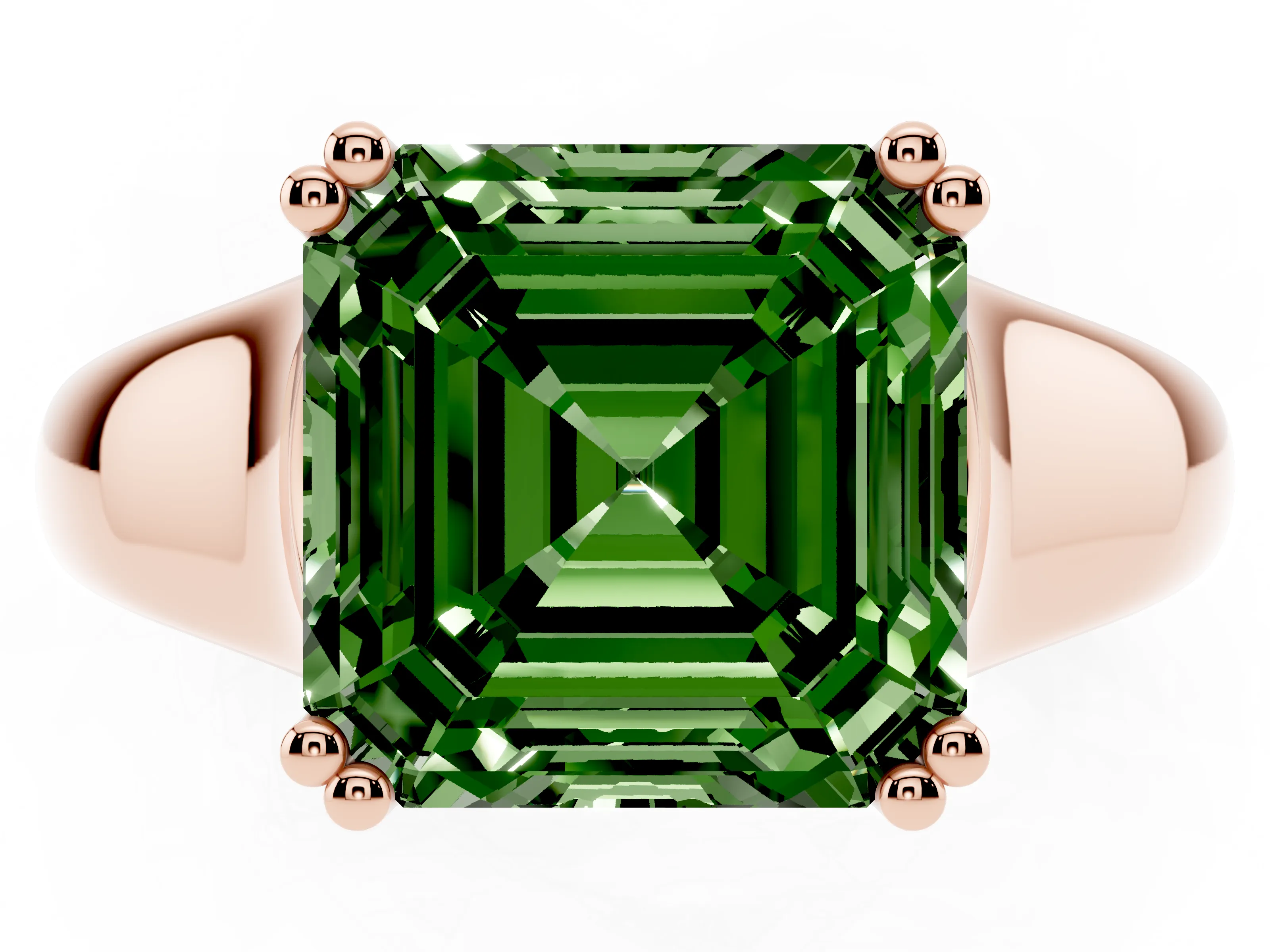 Fancy Green Asscher Cut Diamond Solitaire Ring Set in Rose gold with Wide Band and Prong Setting