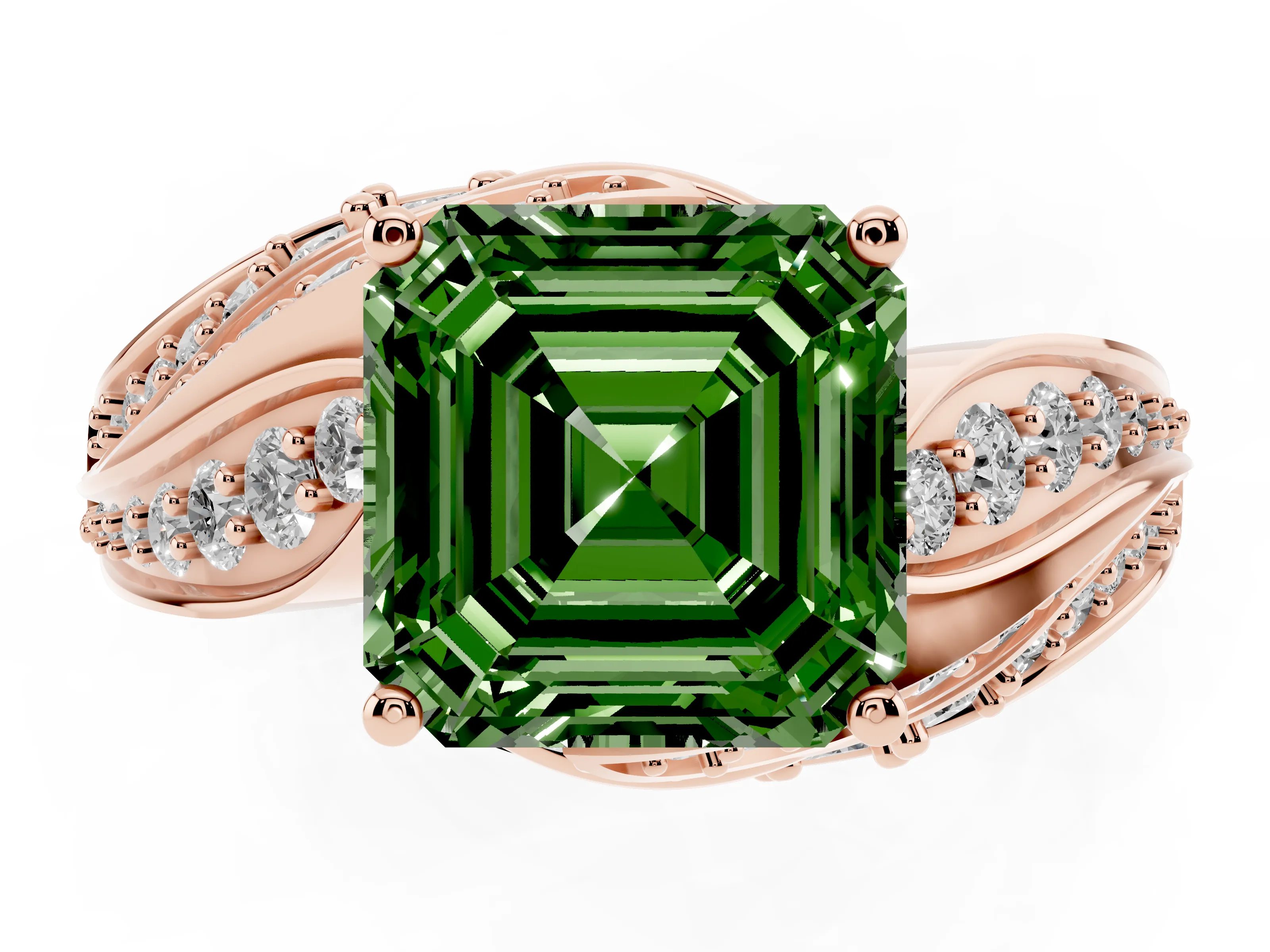 Fancy Green Asscher Cut Diamond Solitaire Ring Set in Rose gold with Layered Twist Pavé Band