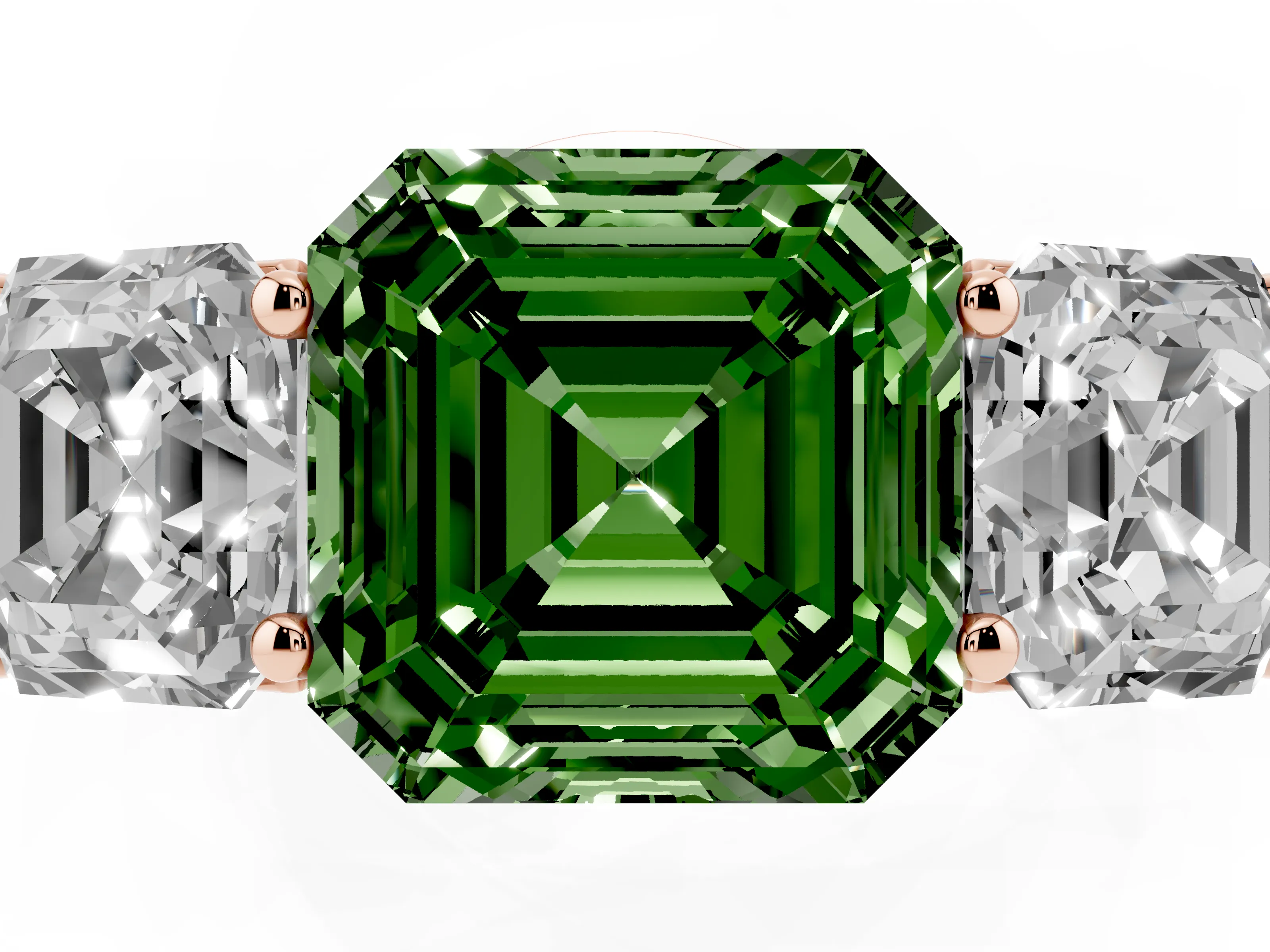 Fancy Green Asscher Cut Diamond Three-Stone Ring Set in Rose gold with Plain Polished Band