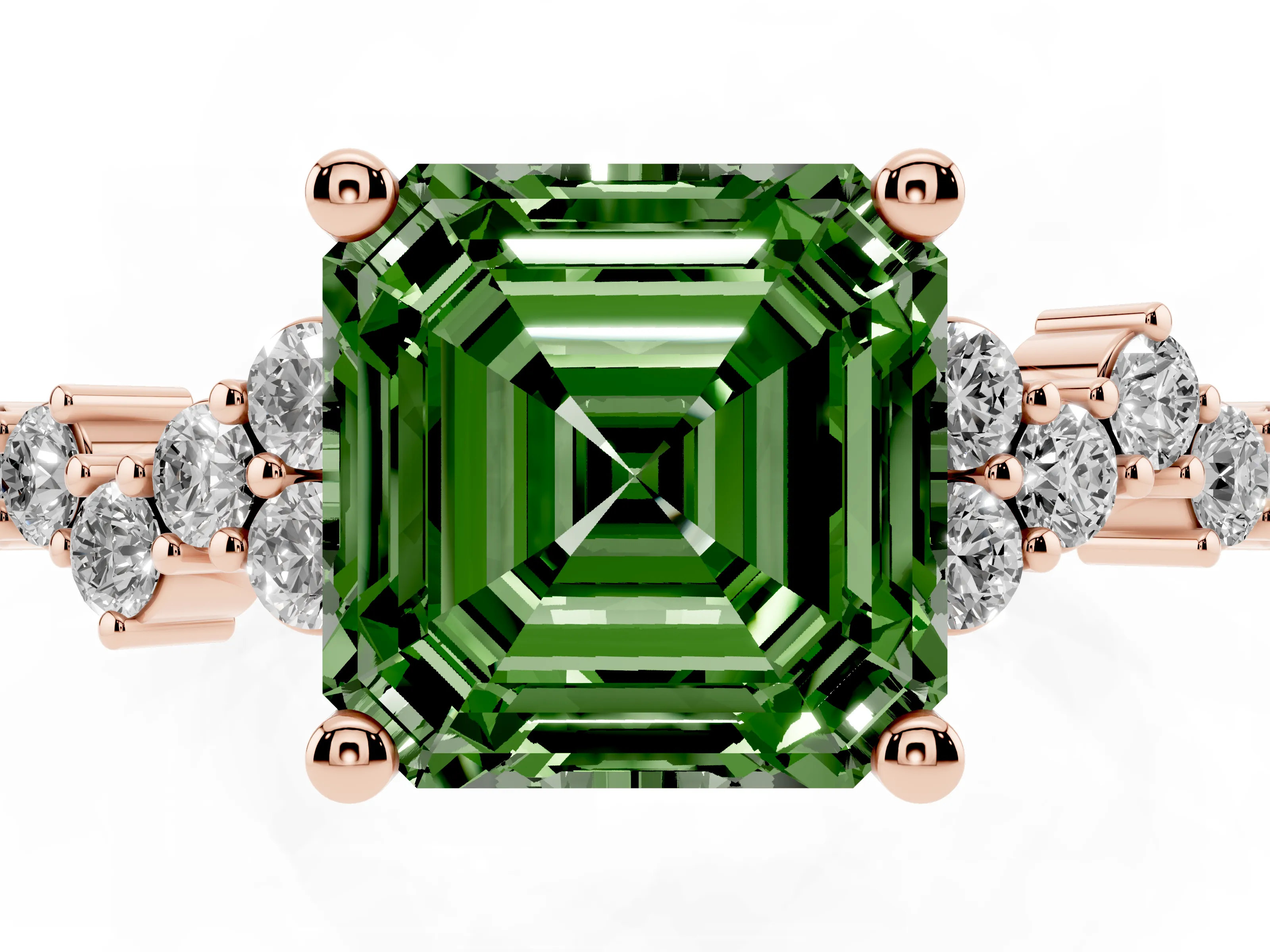Fancy Green Asscher Cut Diamond Ring Set in Rose gold with Scattered Round Accents