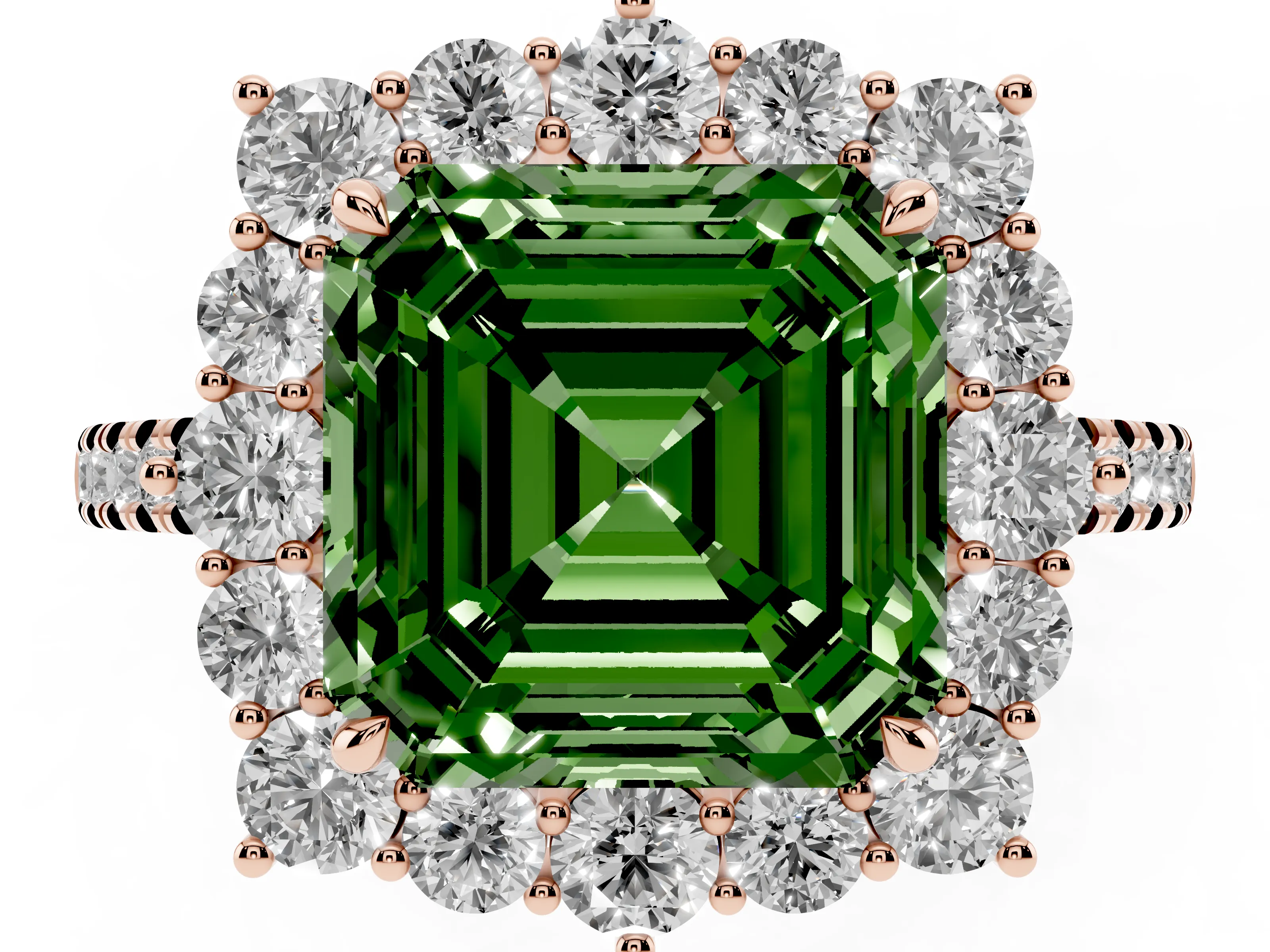 Fancy Green Asscher Cut Diamond Halo Ring Set in Rose gold with Pavé Band and Prong Setting