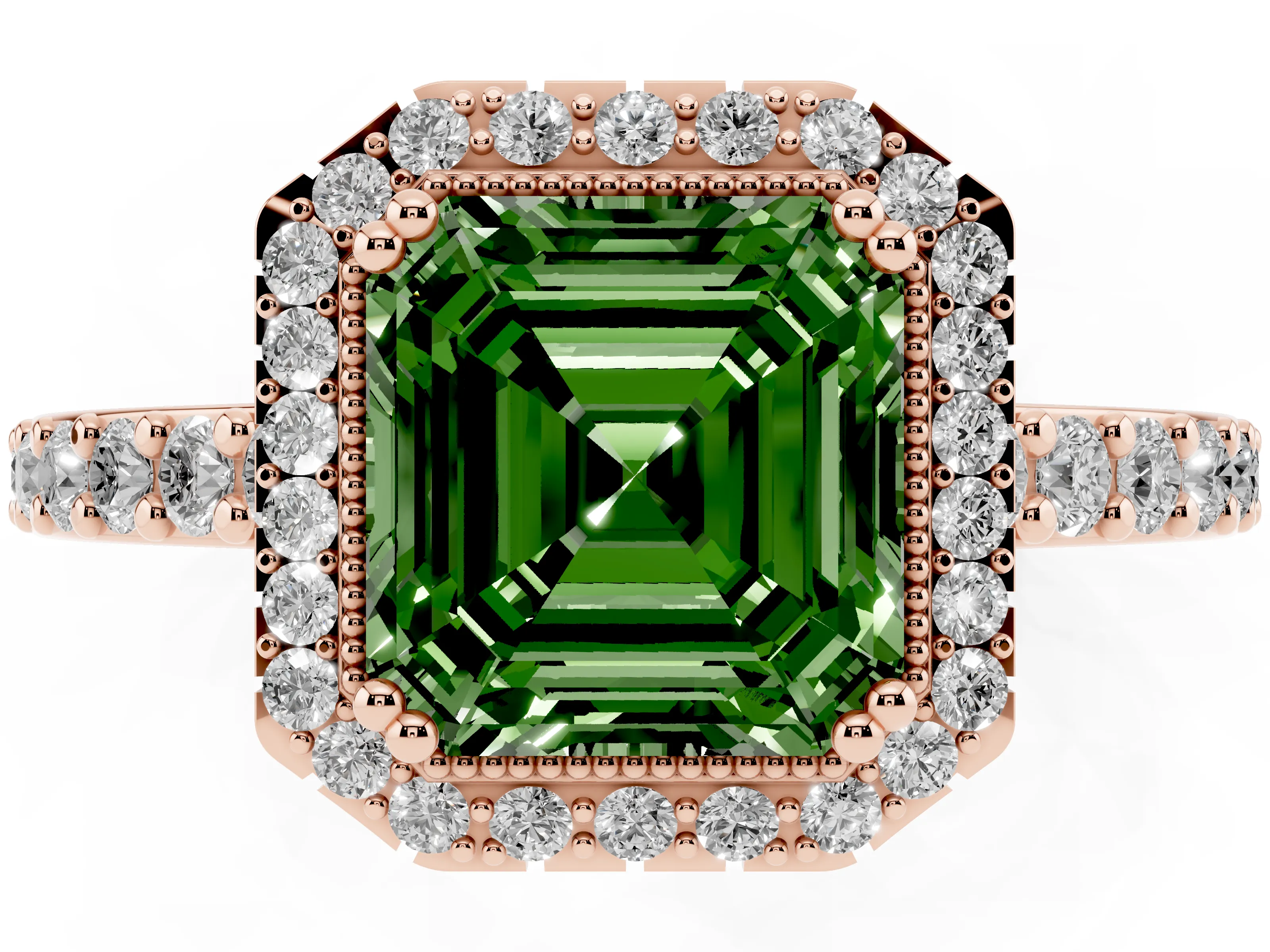 Fancy Green Asscher Cut Diamond Halo Engagement Ring Set in Rose gold with Milgrain Detail and Pavé Band