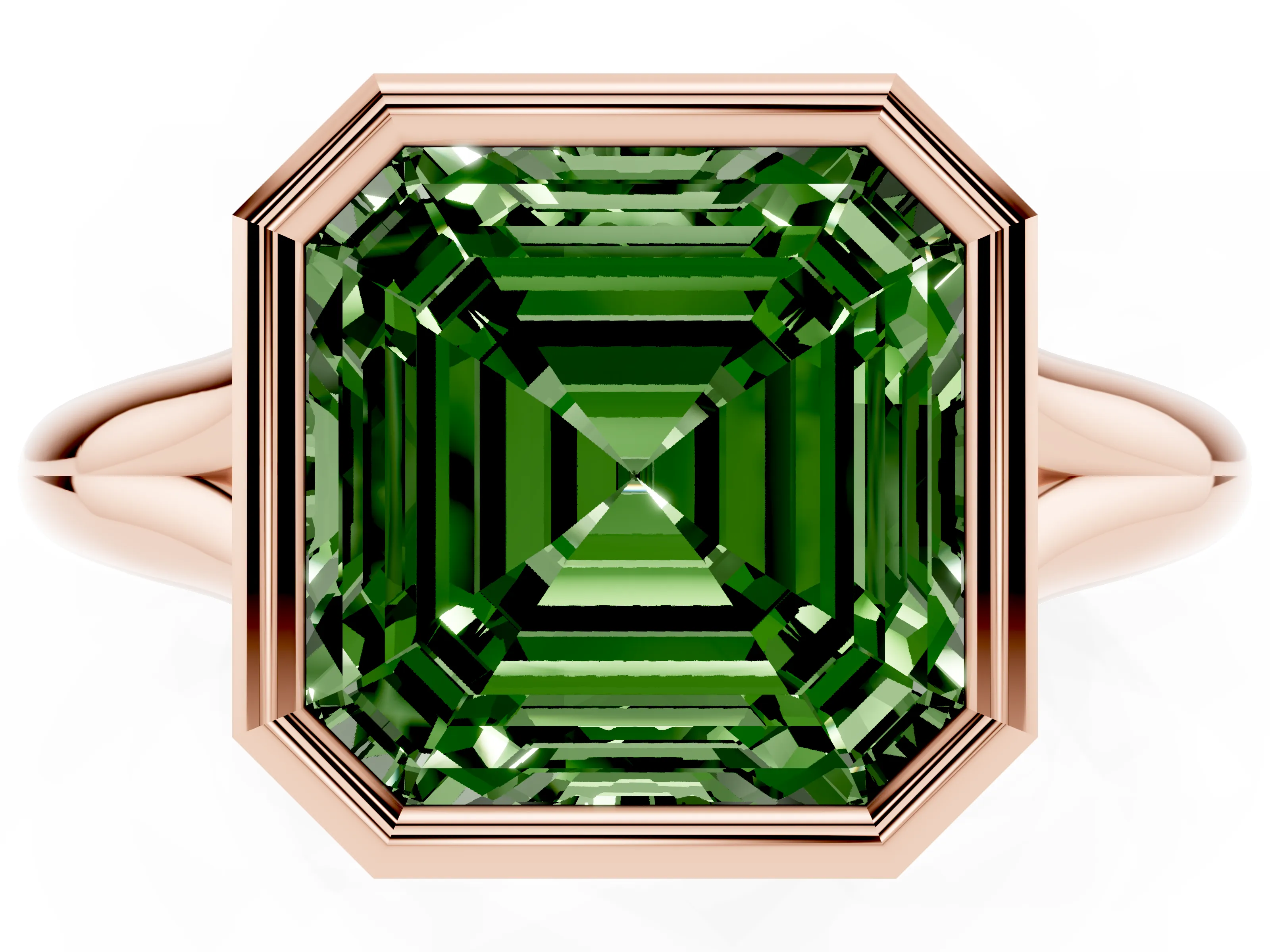 Fancy Green Bezel Set Asscher Cut Diamond Solitaire Ring Set in Rose gold with Smooth Band