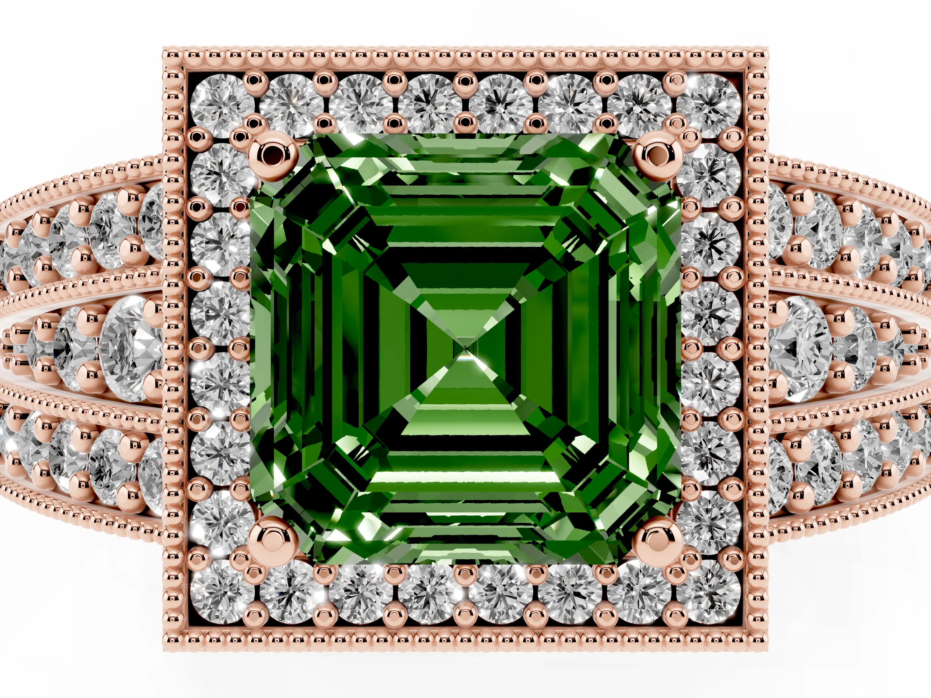 Fancy Green Asscher Cut Diamond Halo Ring Set in Rose gold with Accent Split Shank and Prong Setting