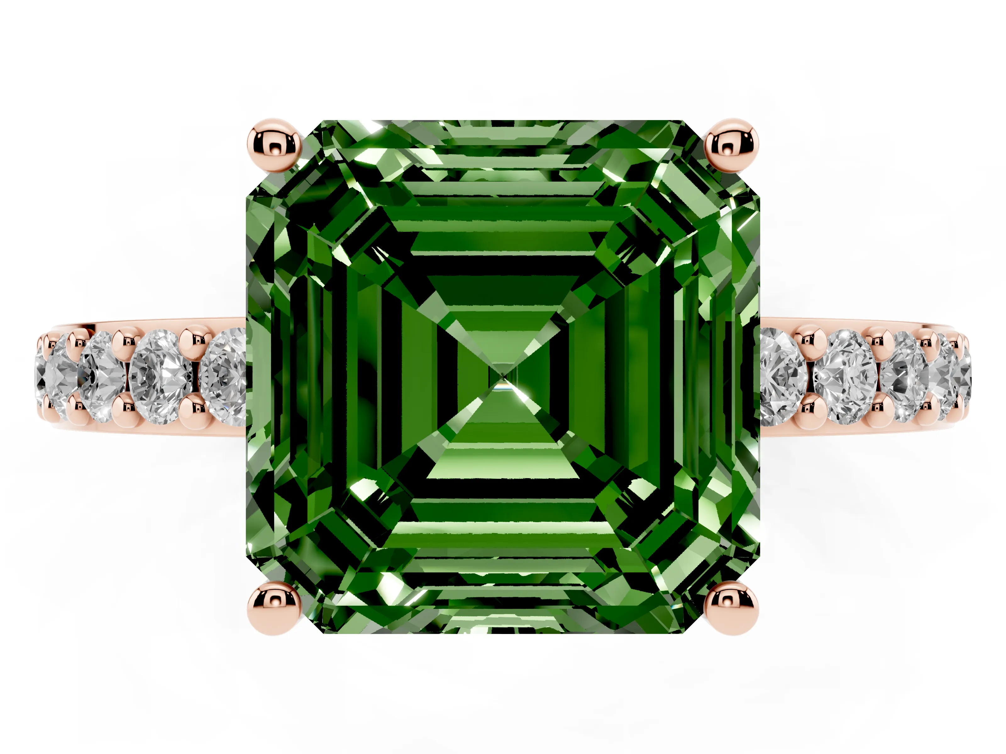 Fancy Green Asscher Cut Diamond Solitaire Set in Rose gold with Round Pavé Band and Prong Setting