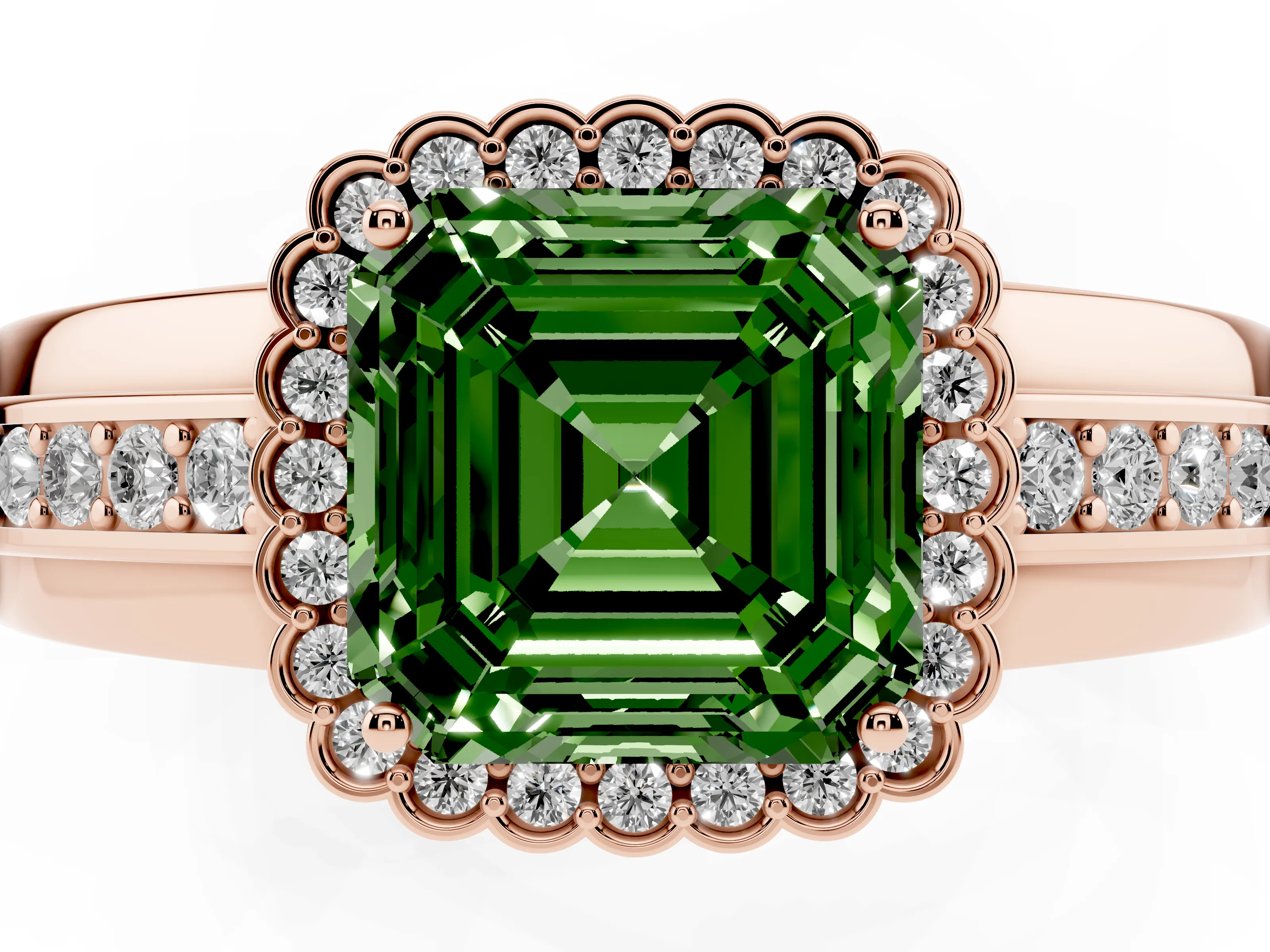 Fancy Green Asscher Cut Diamond Halo Prong Ring Set in Rose gold with Pavé Band