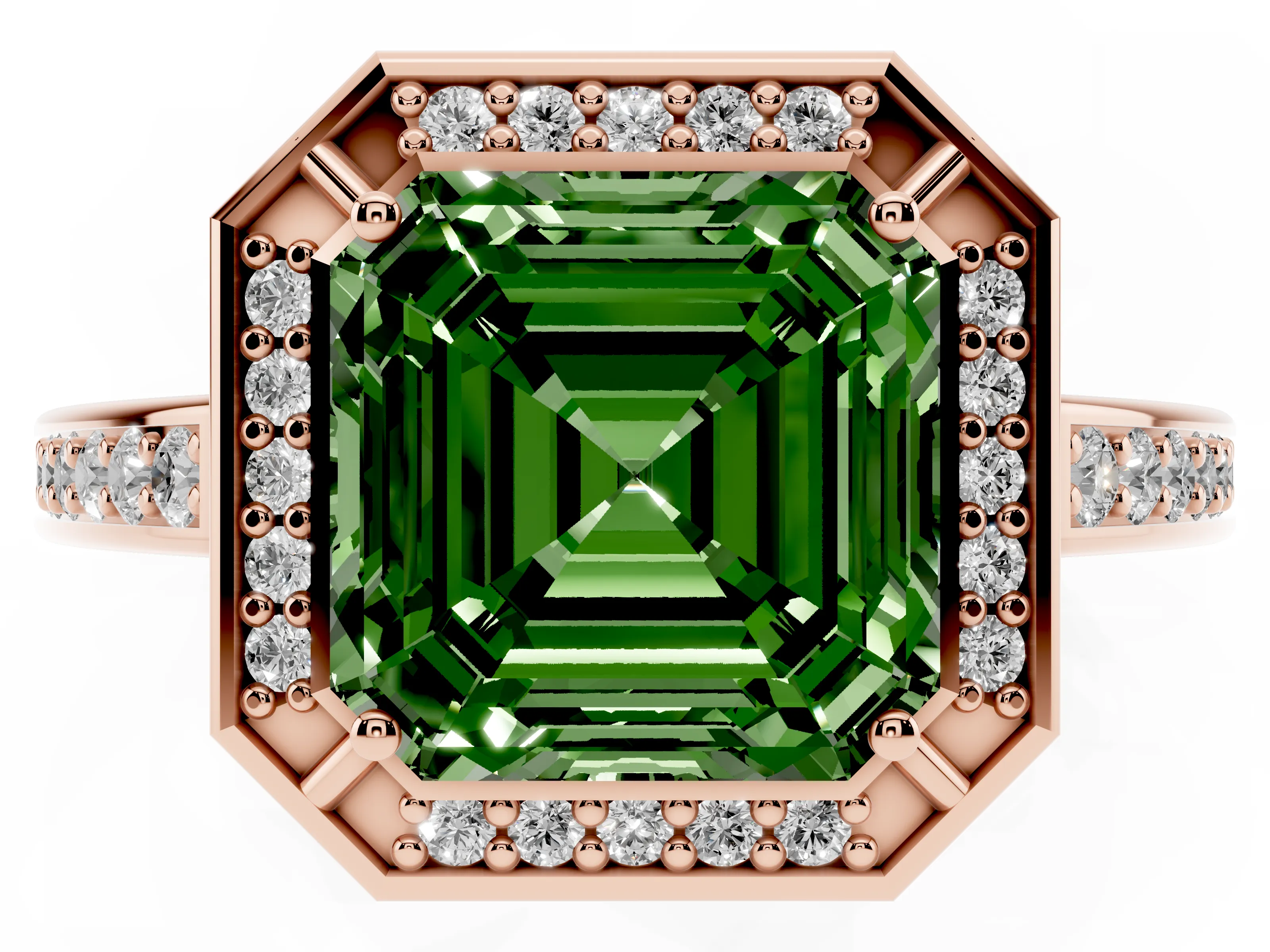 Fancy Green Asscher Cut Diamond Halo Pavé Split Shank Ring Set in Rose gold with Prong Setting