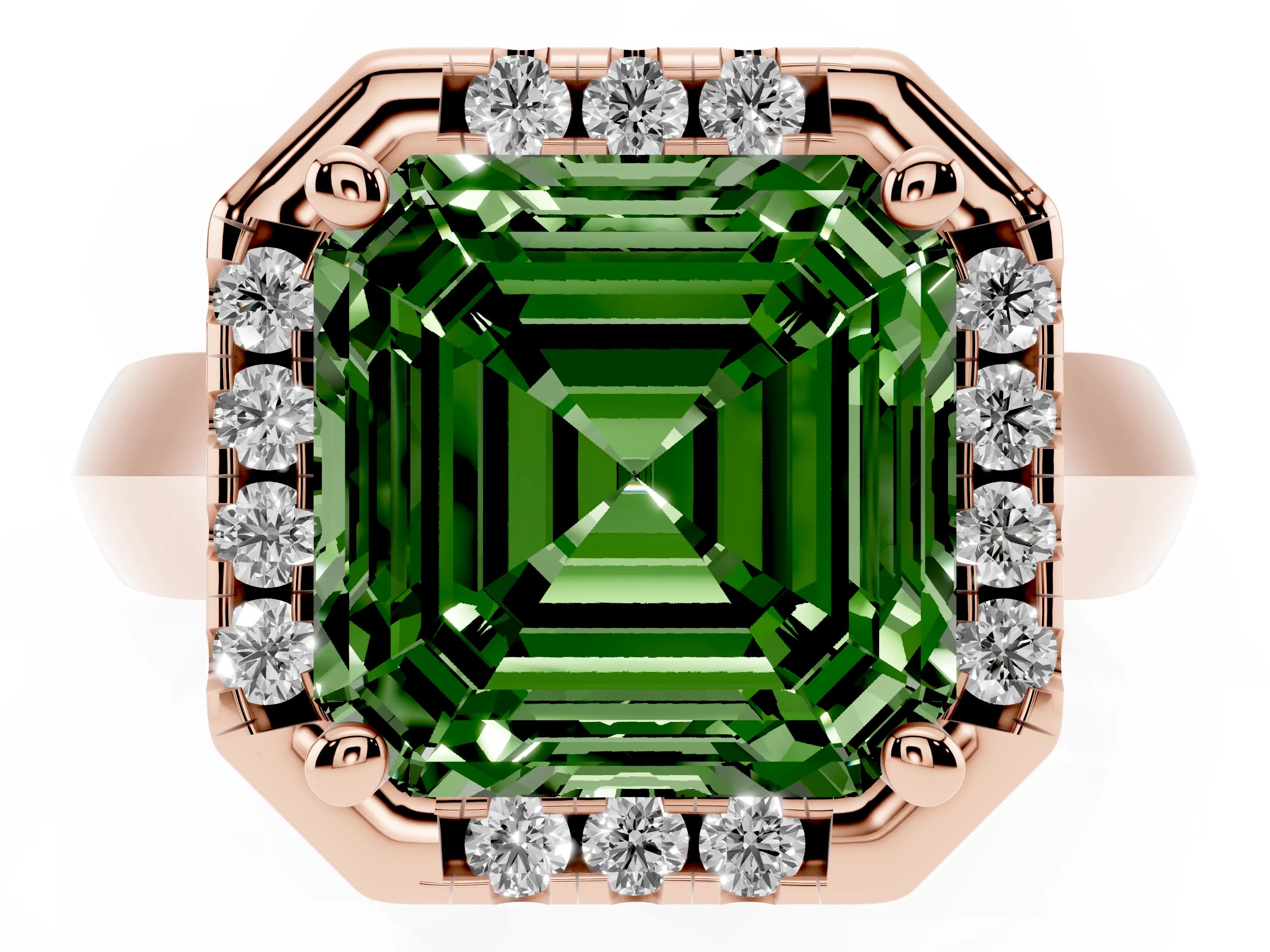 Fancy Green Asscher Cut Diamond Halo Solitaire Engagement Ring Set in Rose gold with Square Band and Prong Setting