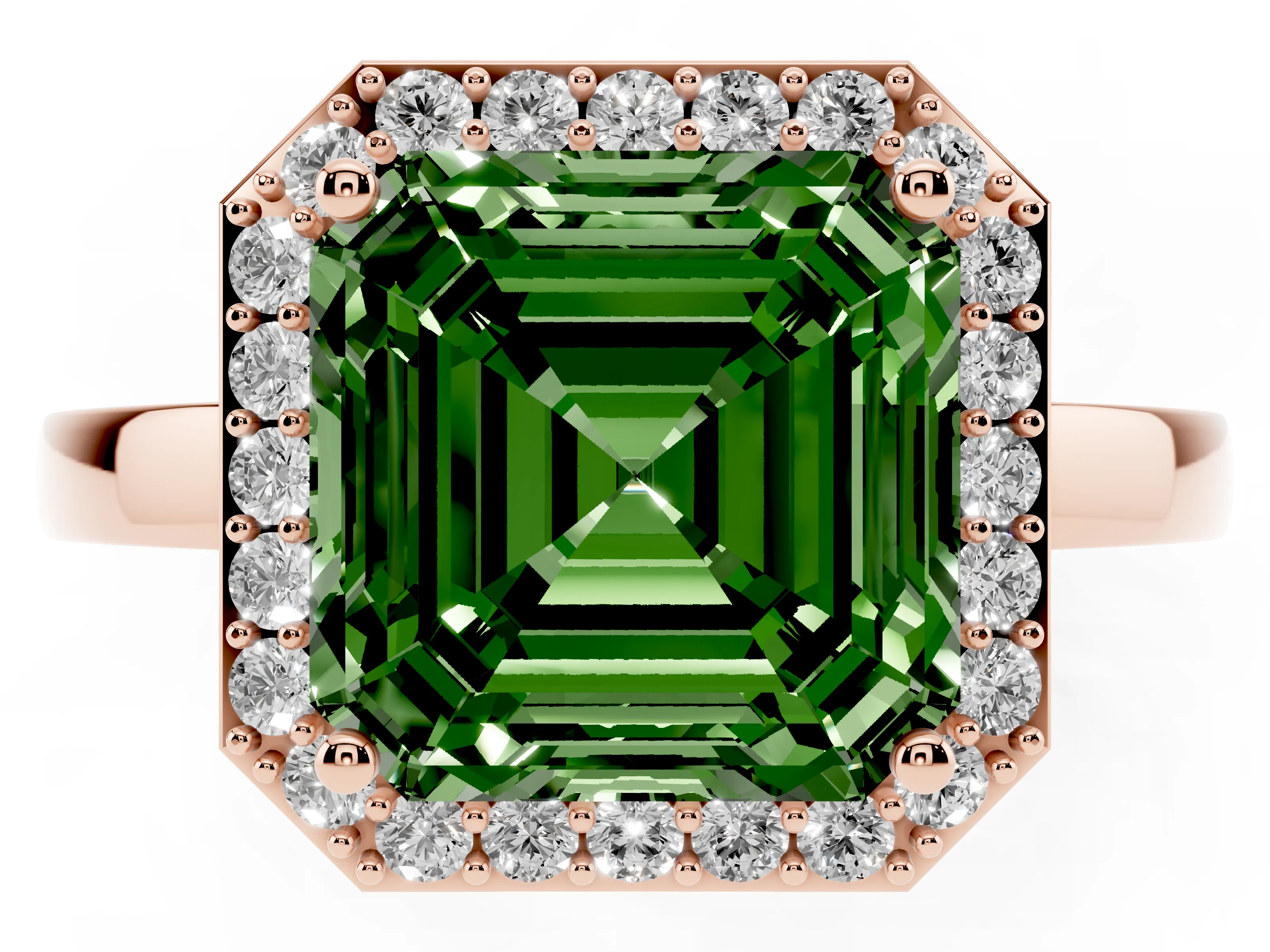 Fancy Green Asscher Cut Diamond Halo Ring Set in Rose gold with Solitaire Band and Prong Setting
