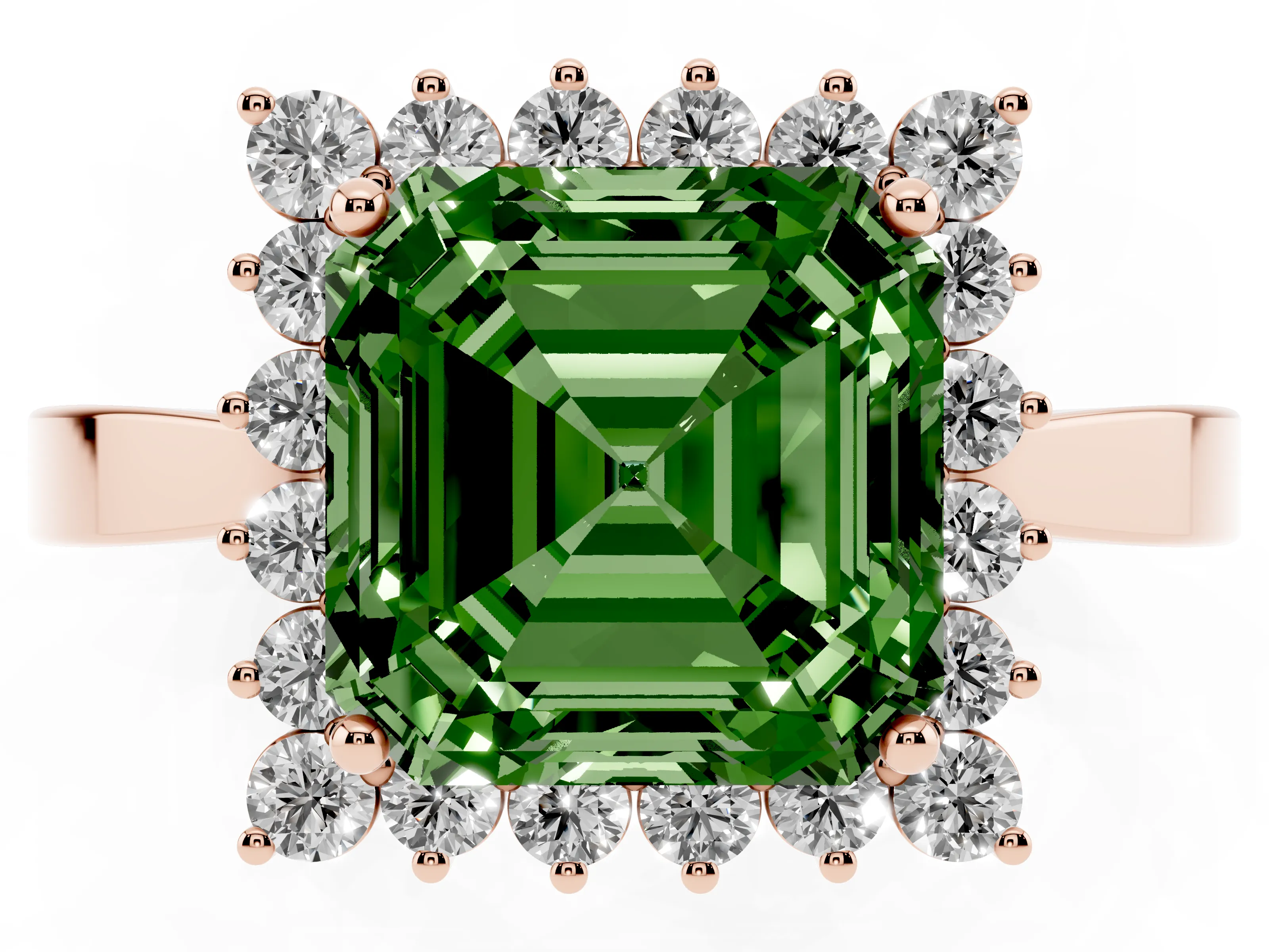 Fancy Green Asscher Cut Diamond Halo Ring Set in Rose gold with Round Halo and Smooth Solitaire Band