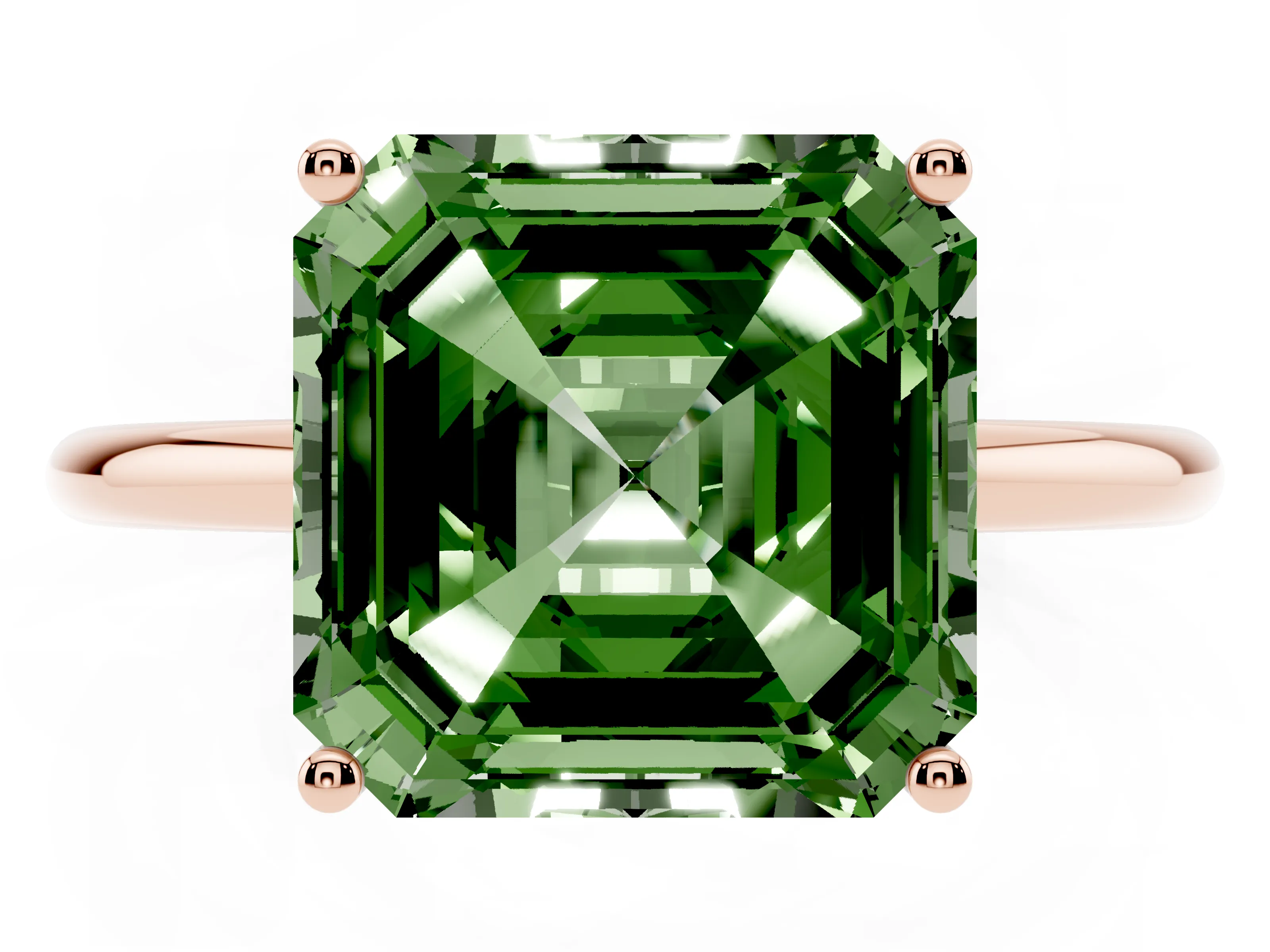 Fancy Green Asscher Cut Diamond Solitaire Engagement Ring Set in Rose gold with Thin Band and Prong Setting