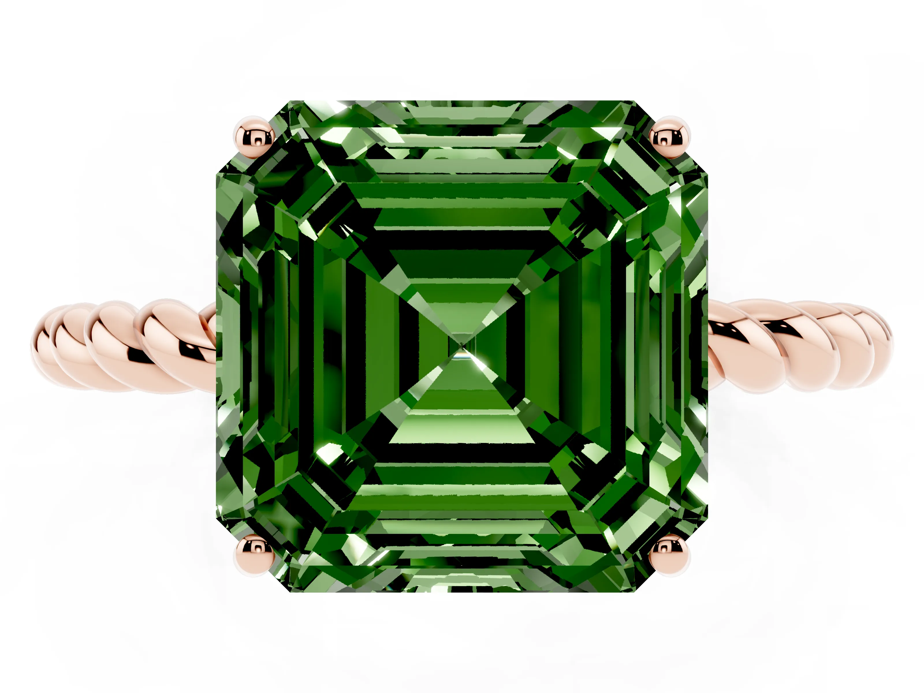 Fancy Green Asscher Cut Diamond Solitaire Ring Set in Rose gold with Twist Band and Prong Setting
