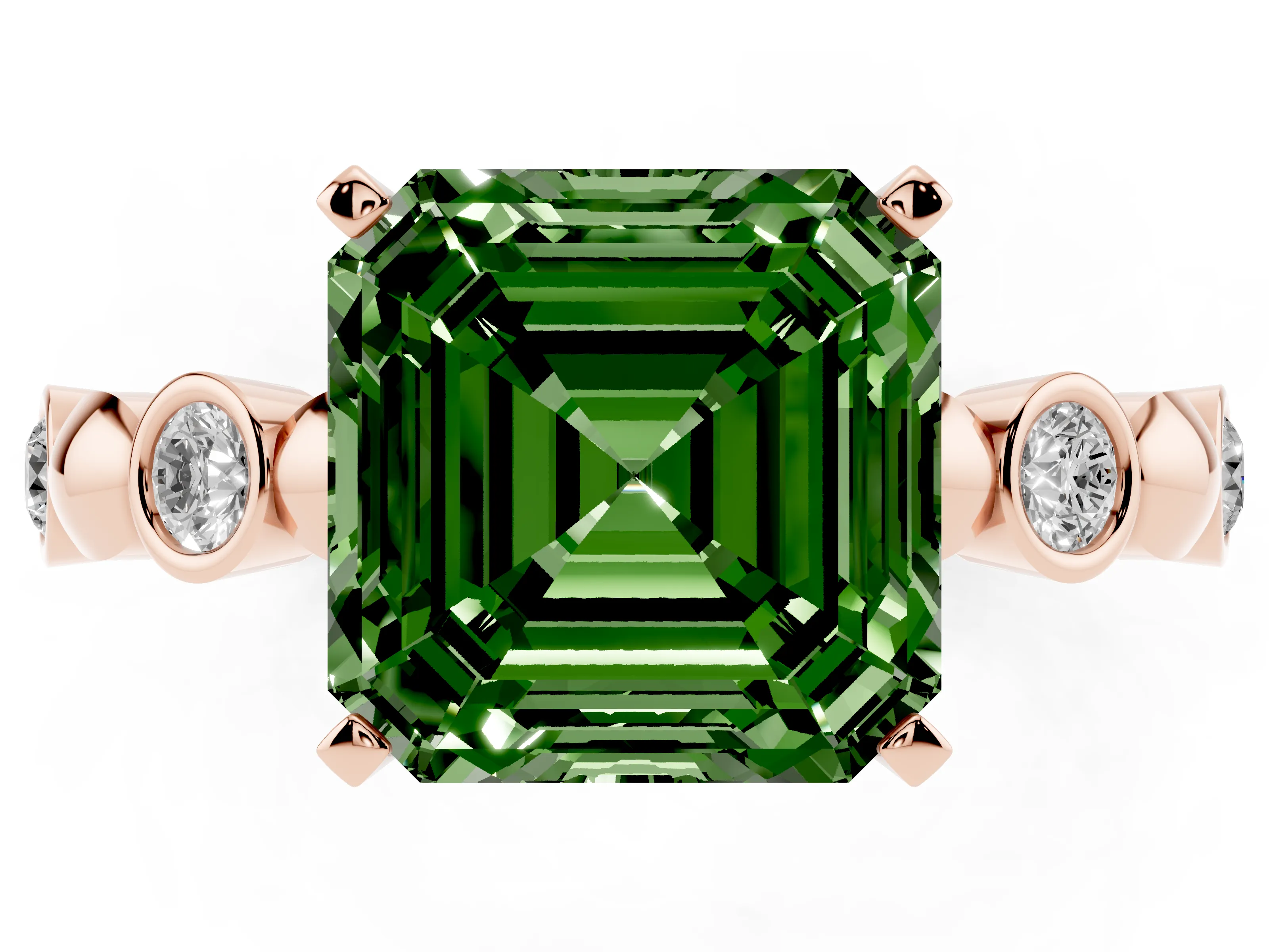 Fancy Green Asscher Cut Diamond Solitaire Ring Set in Rose gold with Bezel-Set Accents on Beaded Band and Prong Setting