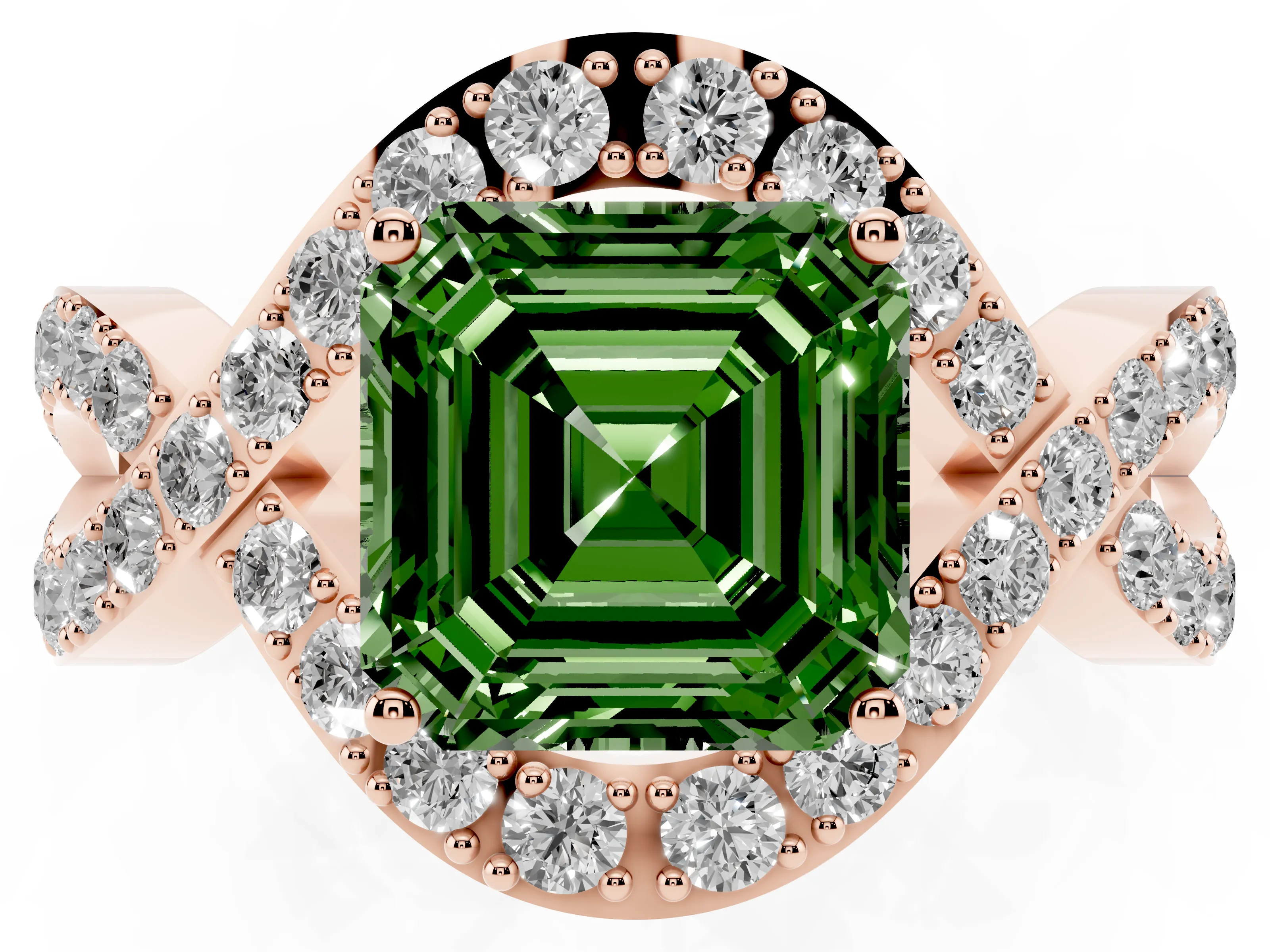 Fancy Green Asscher Cut Diamond Solitaire Twist Band Pavé Engagement Ring Set in Rose gold