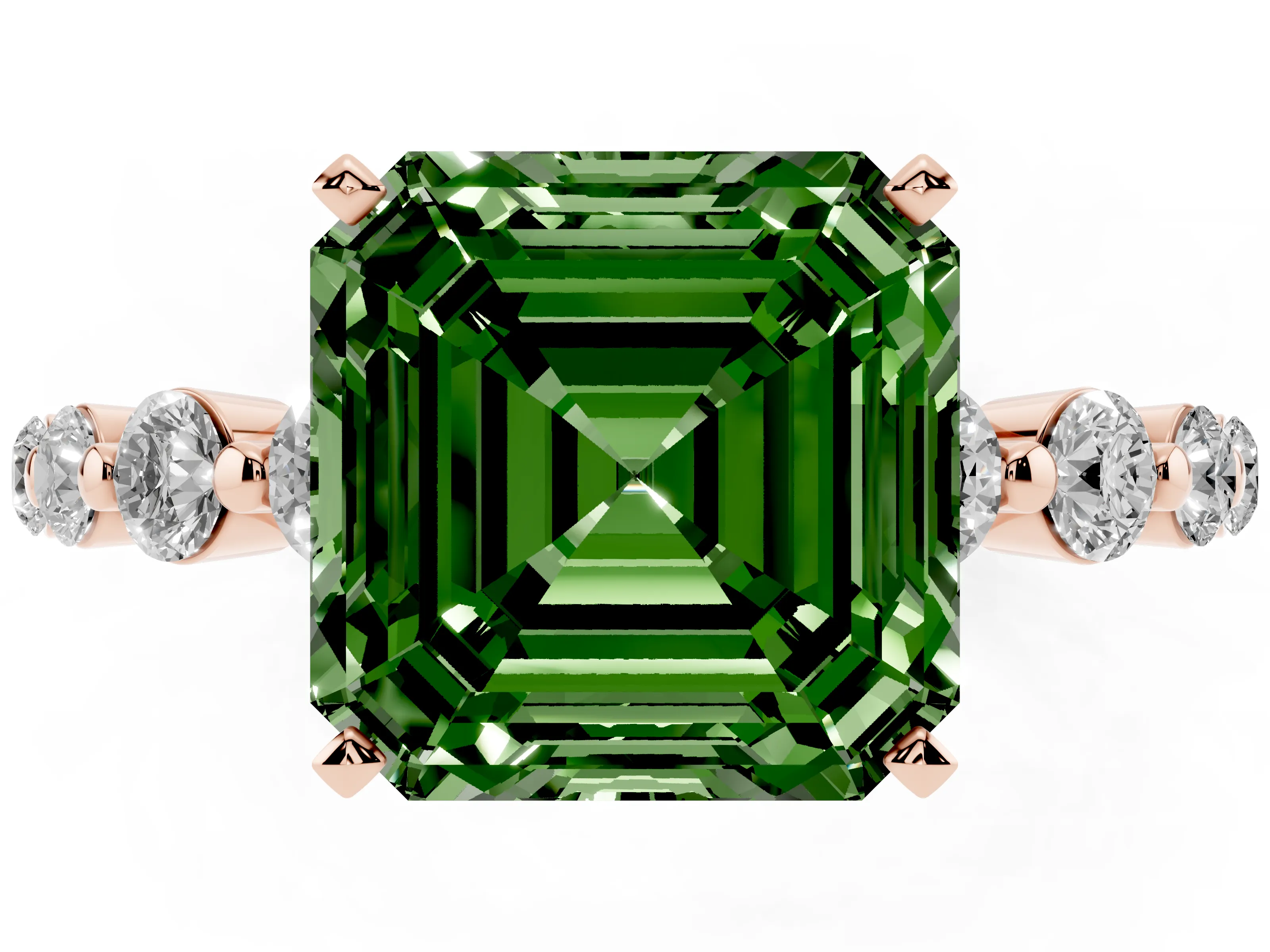 Fancy Green Asscher Cut Diamond Solitaire Ring Set in Rose gold with Pavé Band and Prong Setting