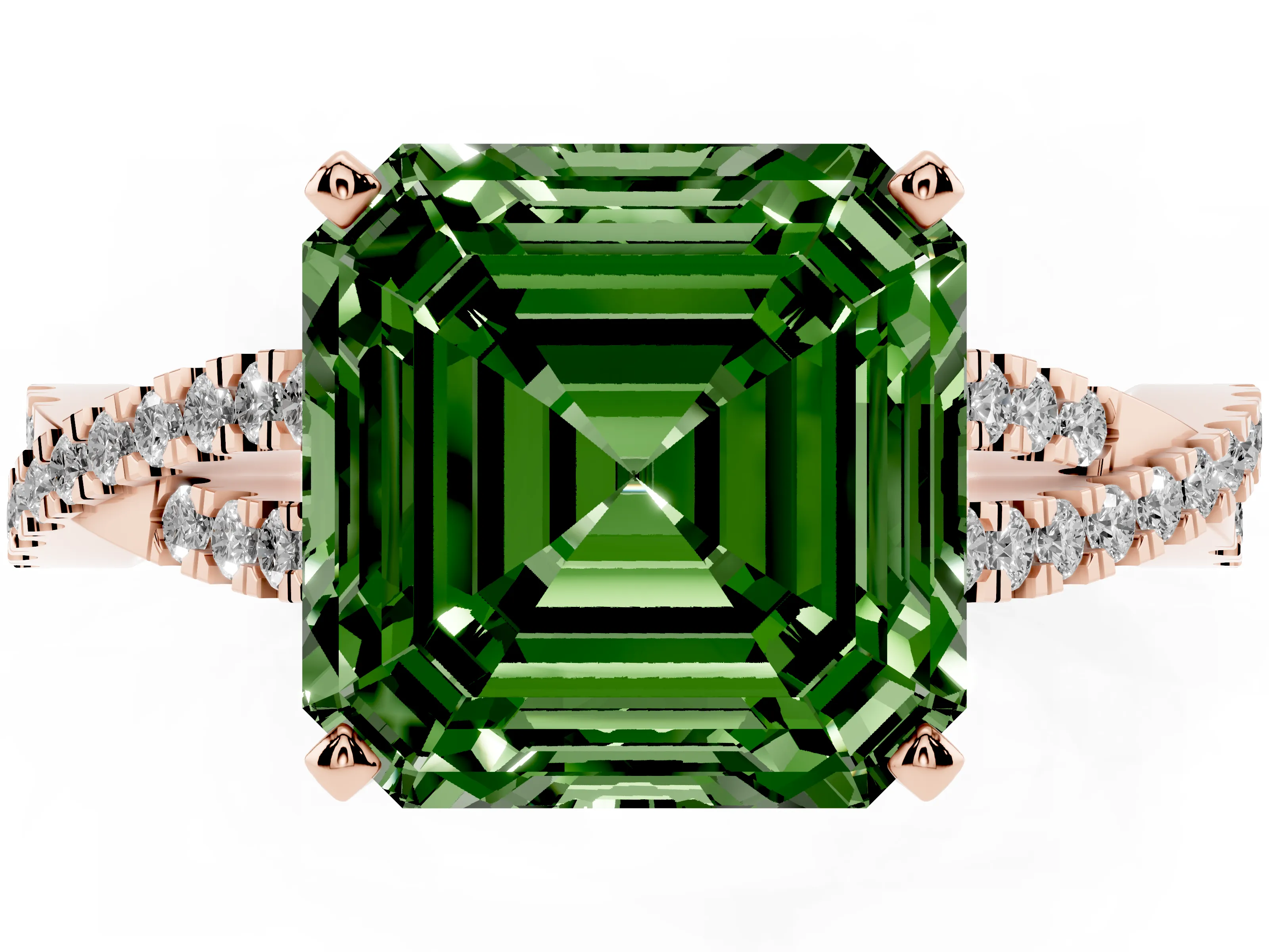 Fancy Green Asscher Cut Diamond Solitaire Engagement Ring Set in Rose gold with Twisted Pavé Band and Prong Setting