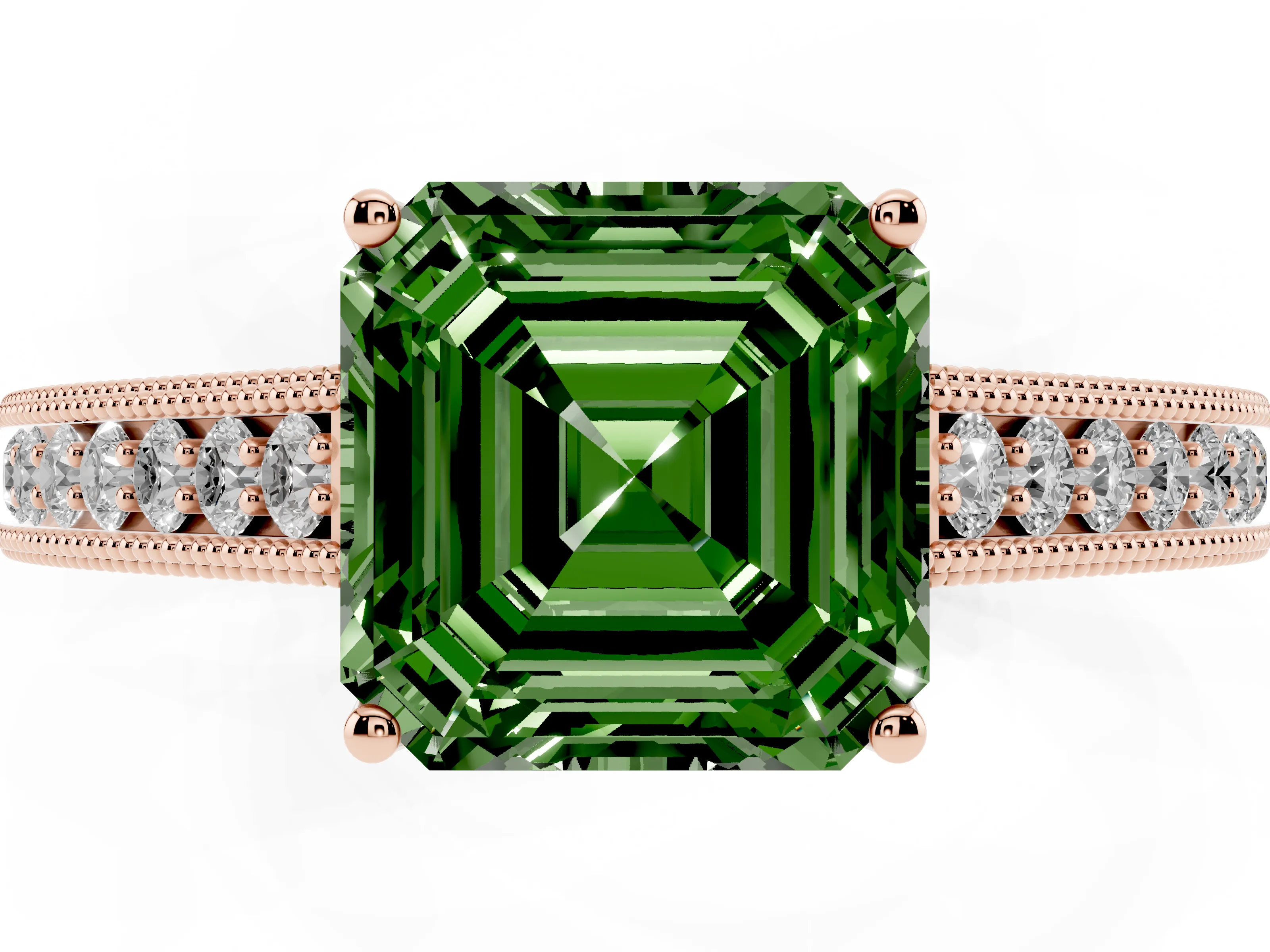 Fancy Green Asscher Cut Diamond Milgrain Pavé Band Solitaire Ring Set in Rose gold with Prong Setting