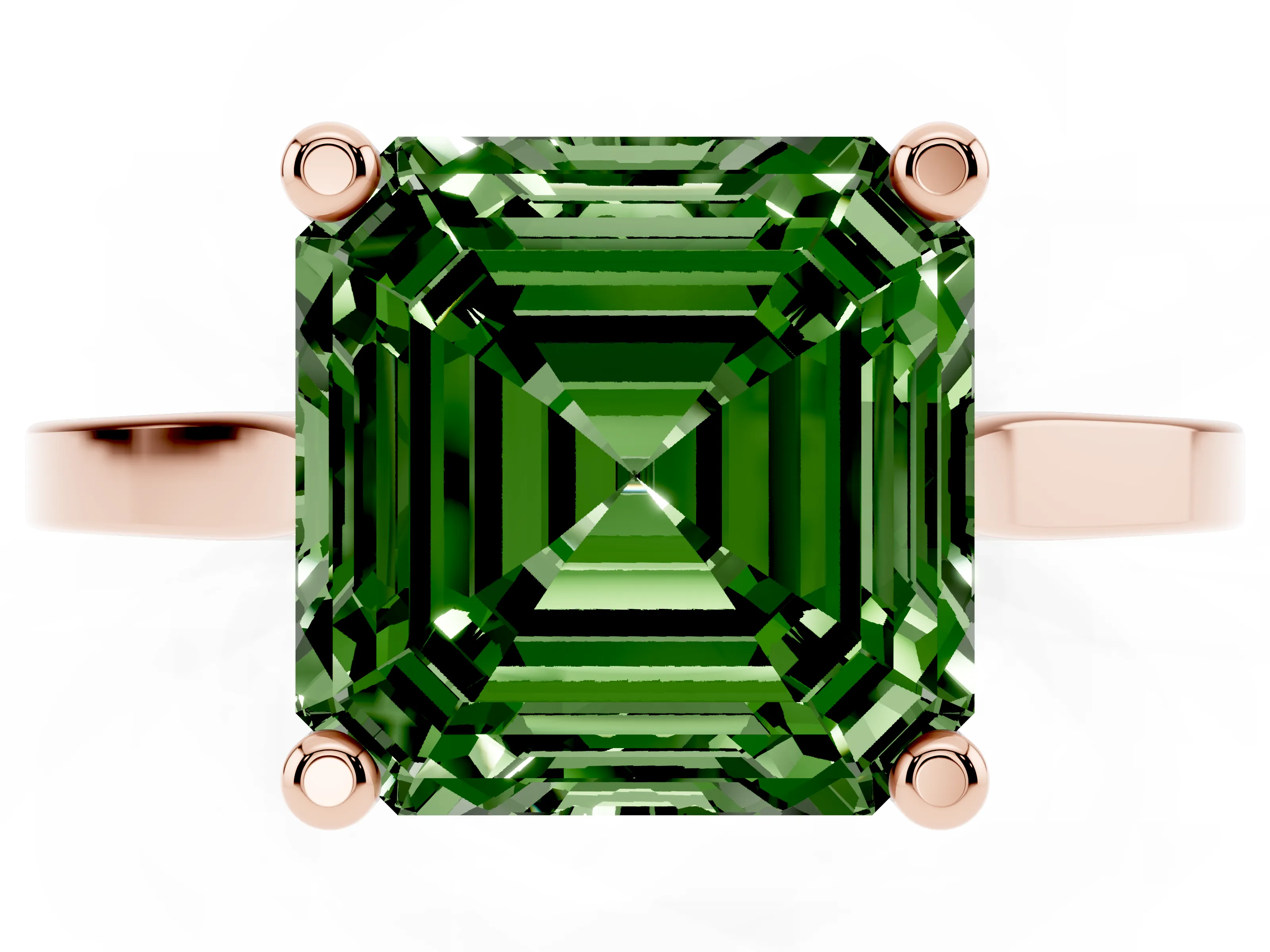 Fancy Green Asscher Cut Diamond Solitaire Ring Set in Rose gold with Prong Setting and Tapered Band
