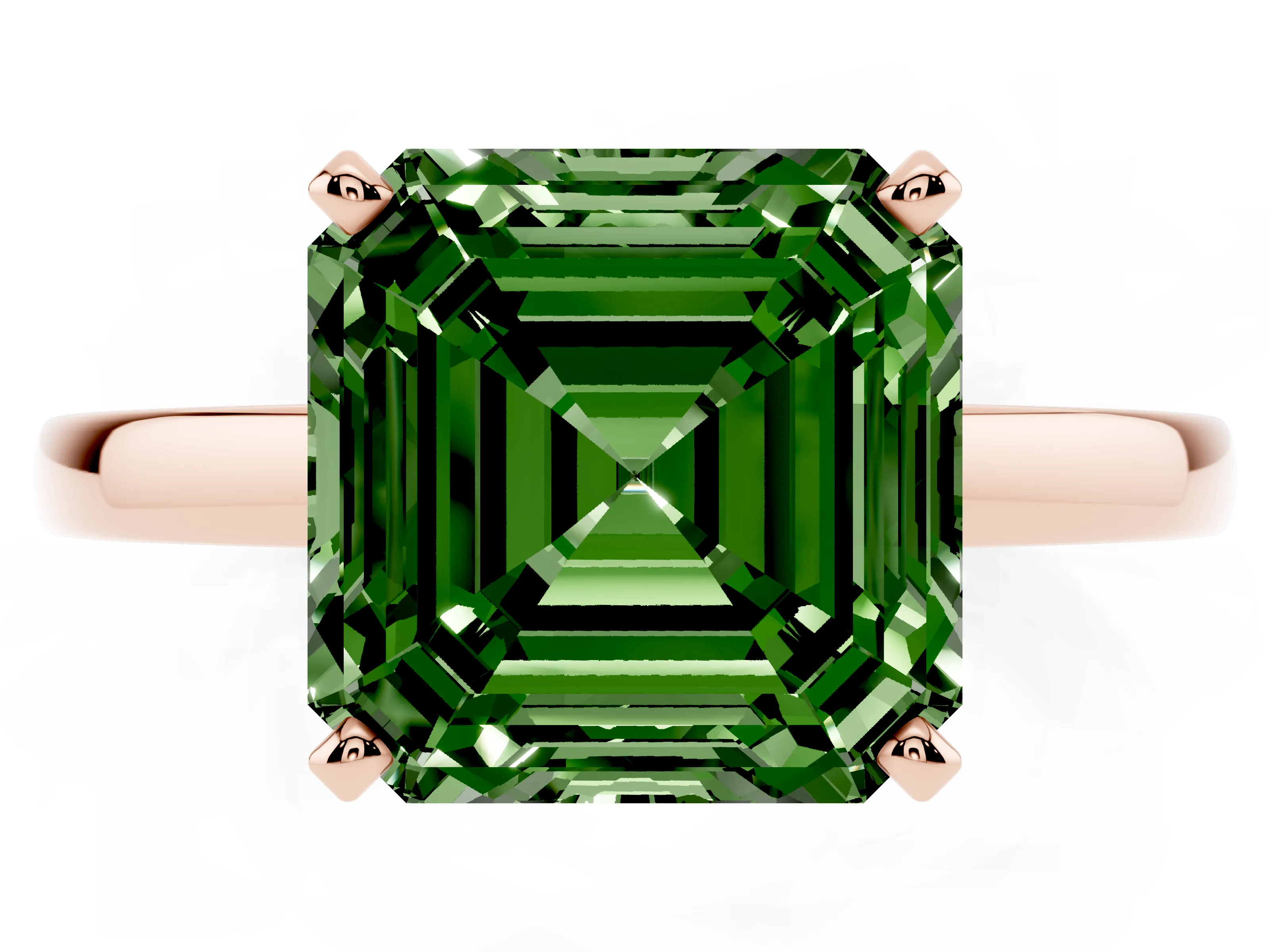 Fancy Green Asscher Cut Diamond Solitaire Engagement Ring Set in Rose gold with Prong Setting on a Classic Band