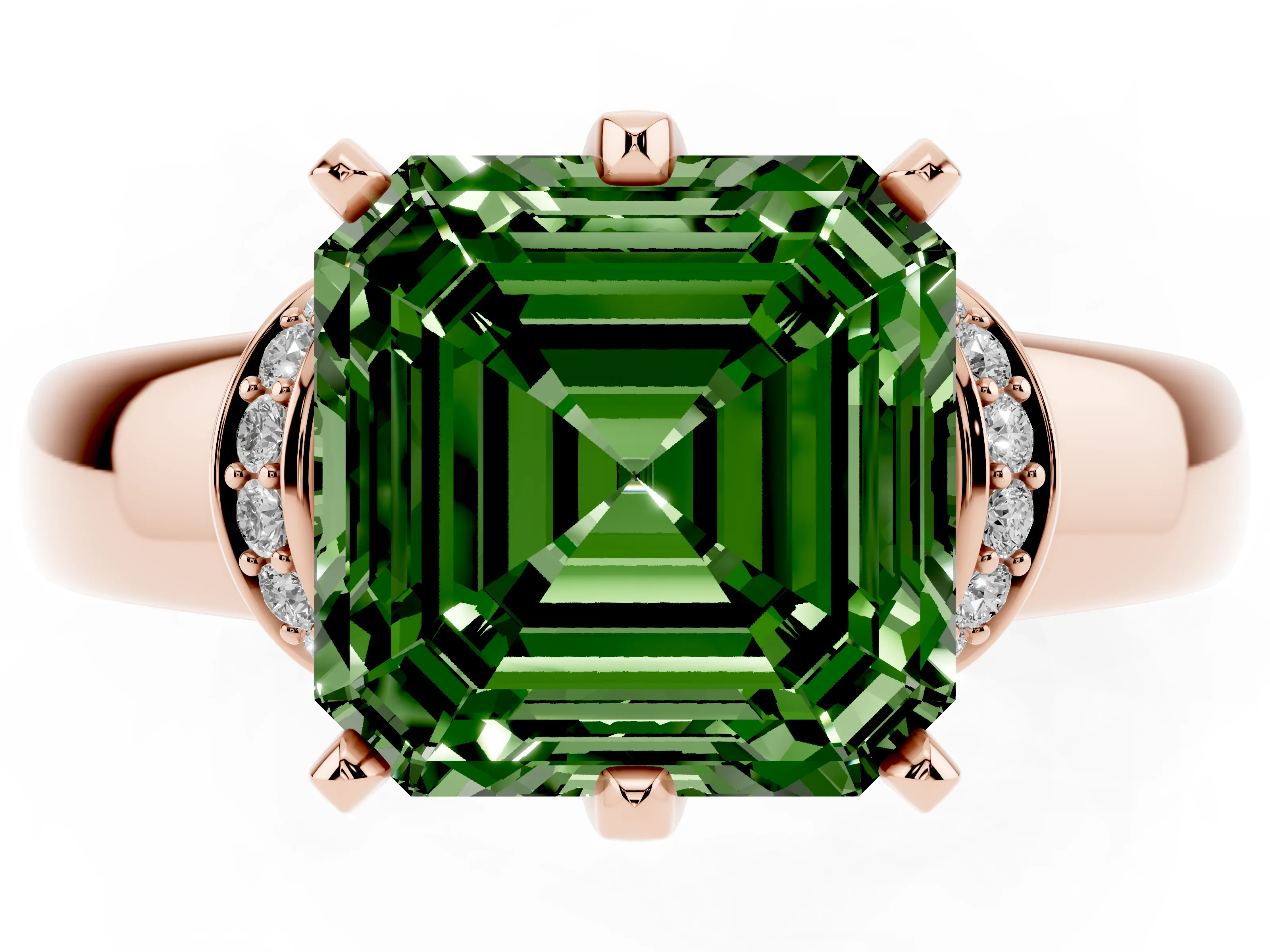 Fancy Green Asscher Cut Diamond Pavé Band Solitaire Ring Set in Rose gold with Prong Setting