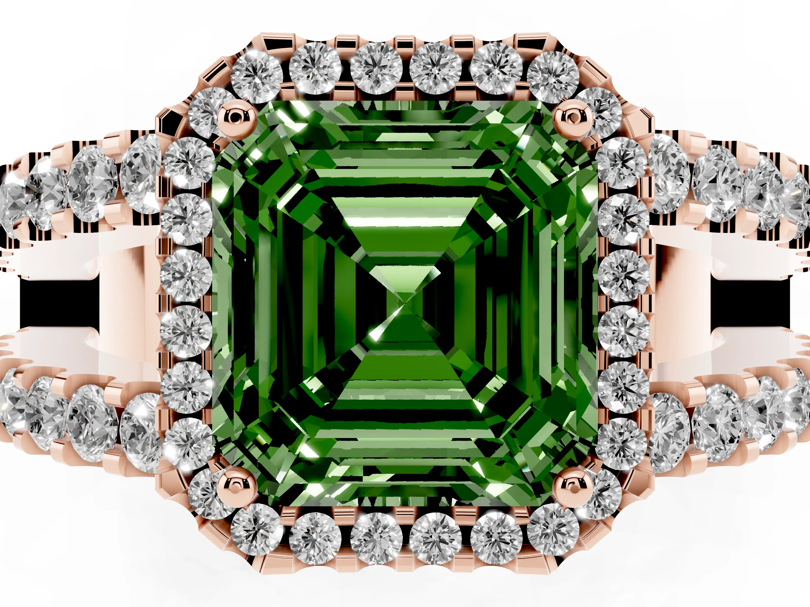 Fancy Green Asscher Cut Diamond Halo Ring Set in Rose gold with Pavé Split Shank and Prong Setting