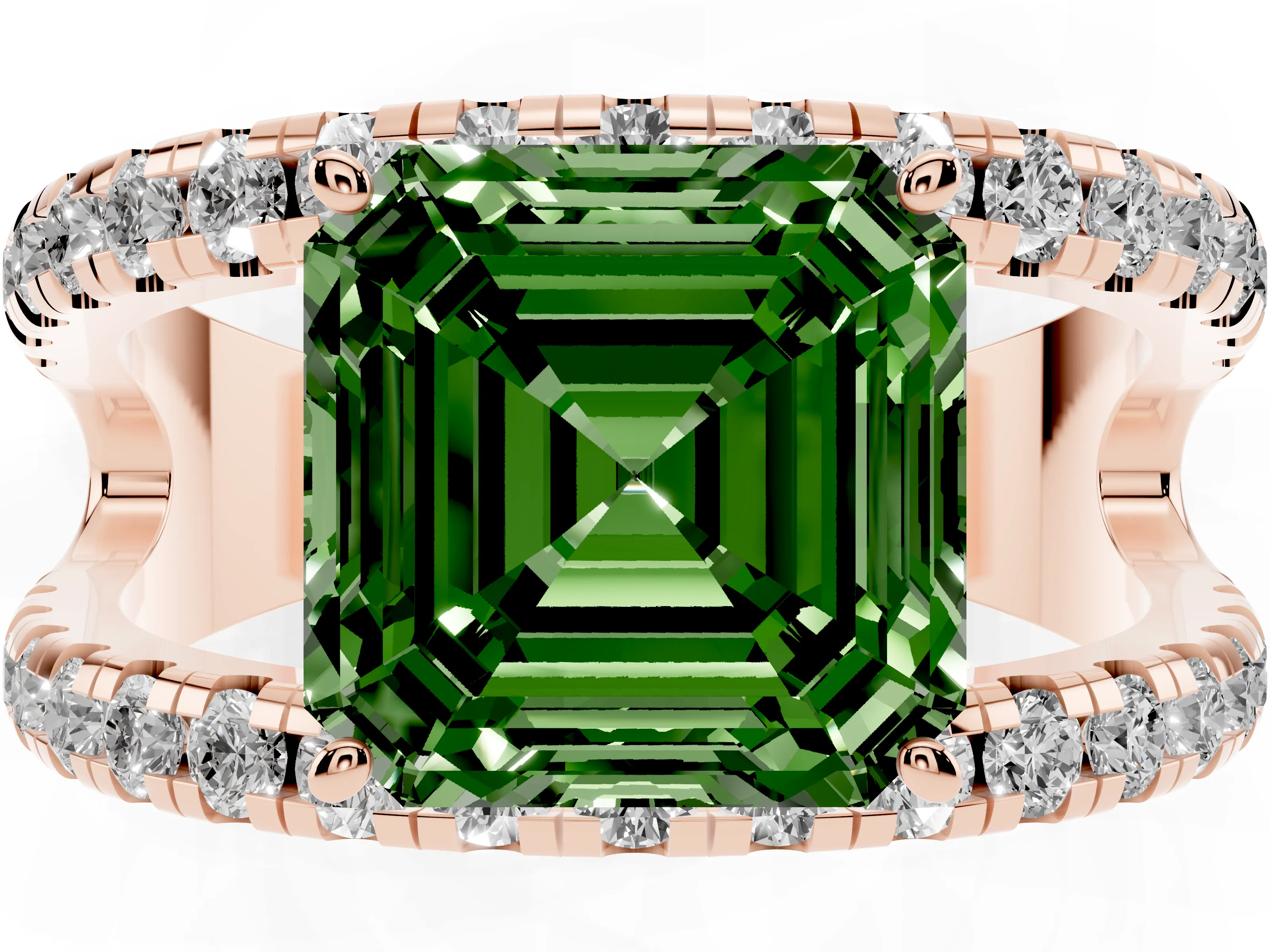 Fancy Green Asscher Cut Diamond Split Shank Pavé Solitaire Ring Set in Rose gold with Open Shank Design