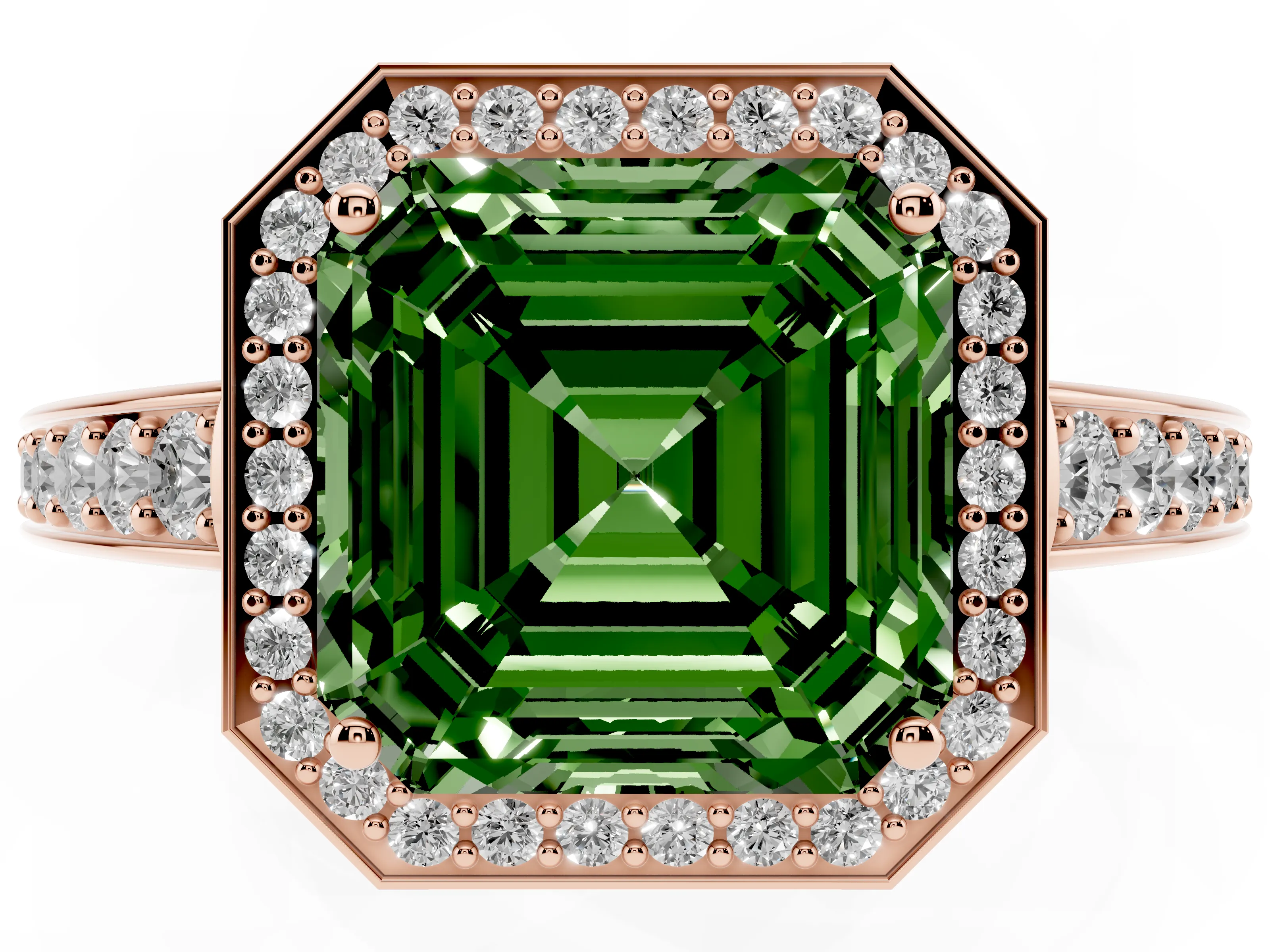 Fancy Green Asscher Cut Diamond Halo Pavé Engagement Ring Set in Rose gold with Bezel Setting