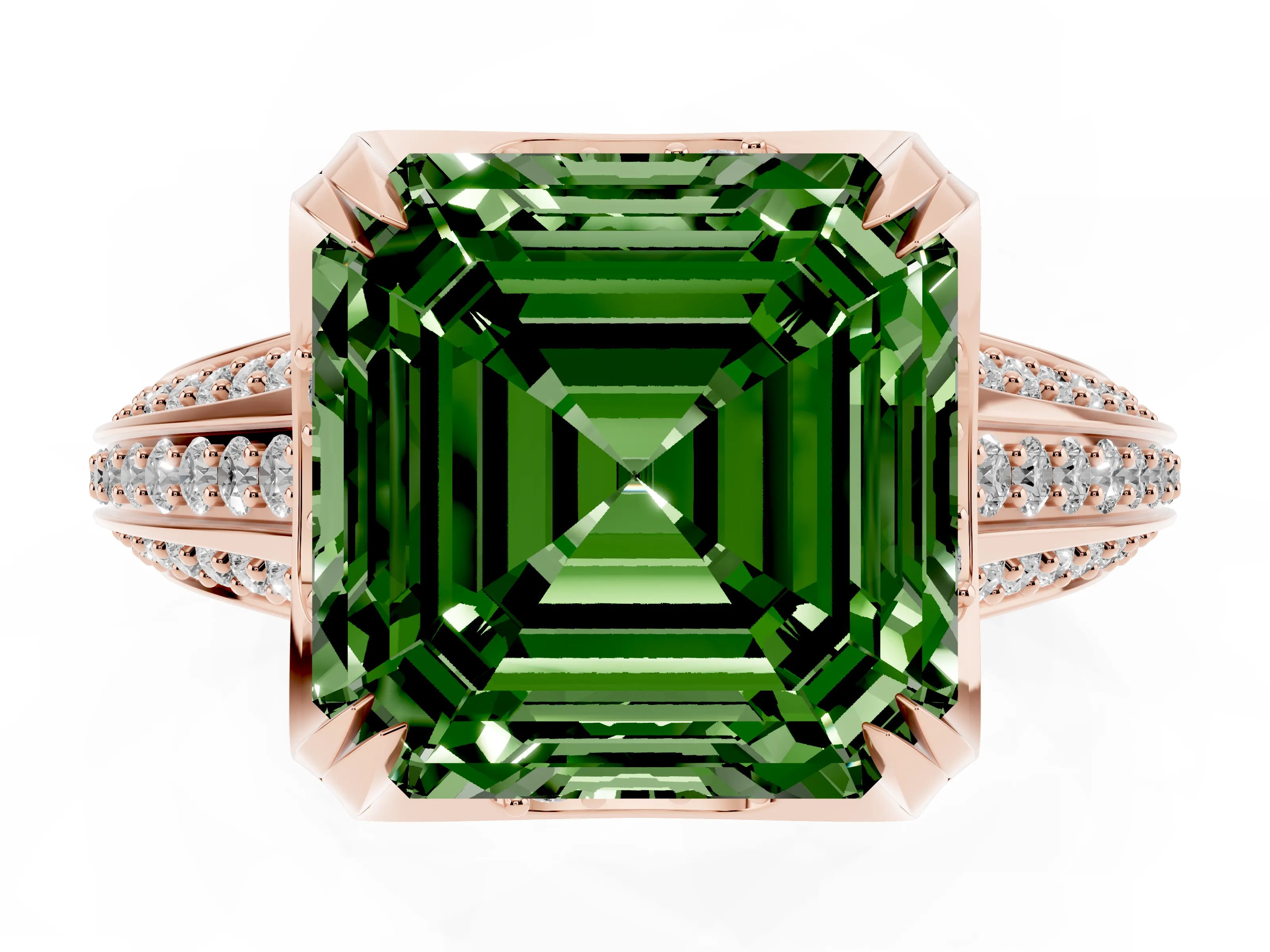 Fancy Green Asscher Cut Diamond Pavé Split Shank Solitaire Ring Set in Rose gold with Prong Setting