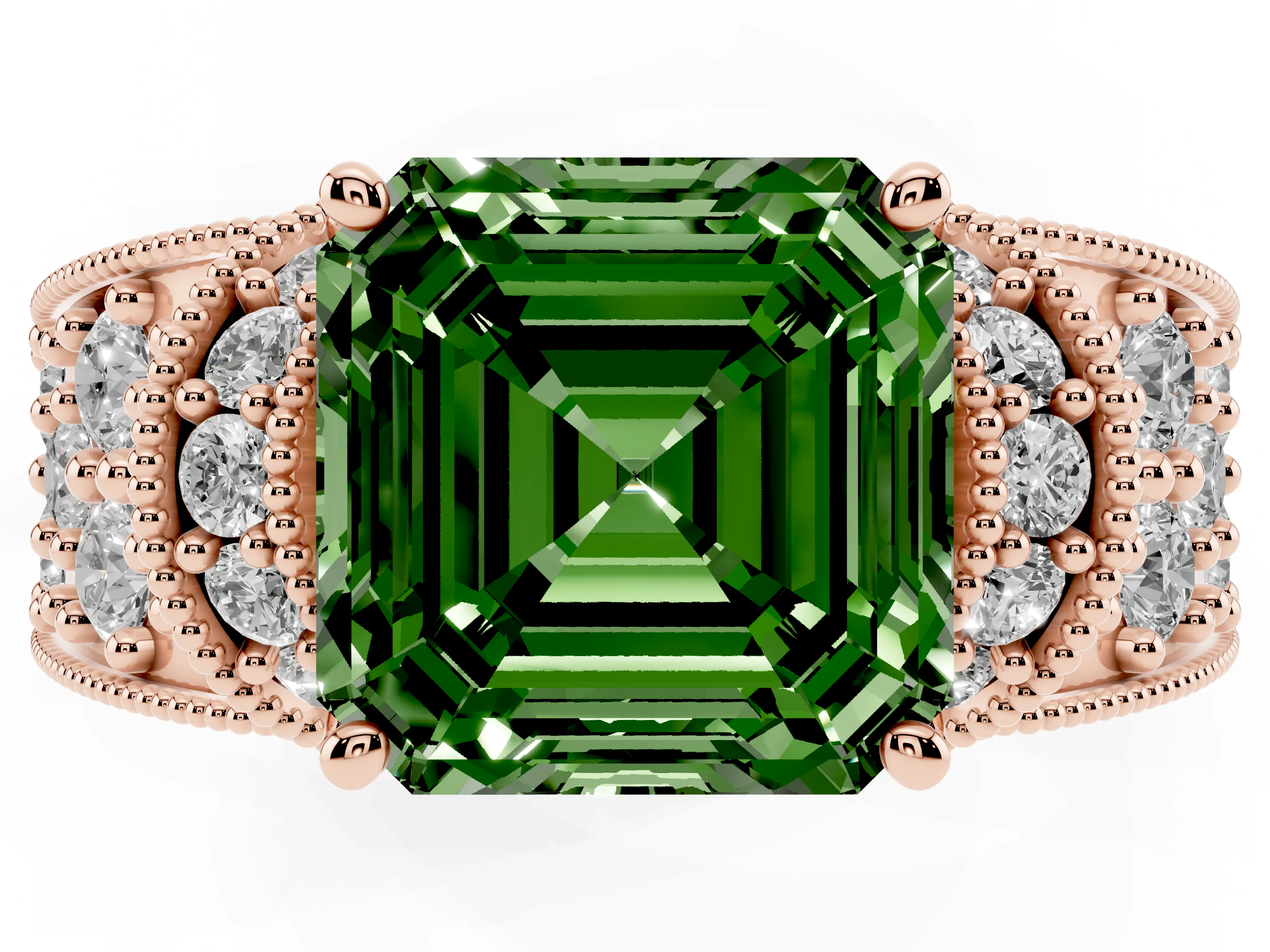 Fancy Green Asscher Cut Diamond Milgrain Halo Pavé Engagement Ring Set in Rose gold with Prong Setting