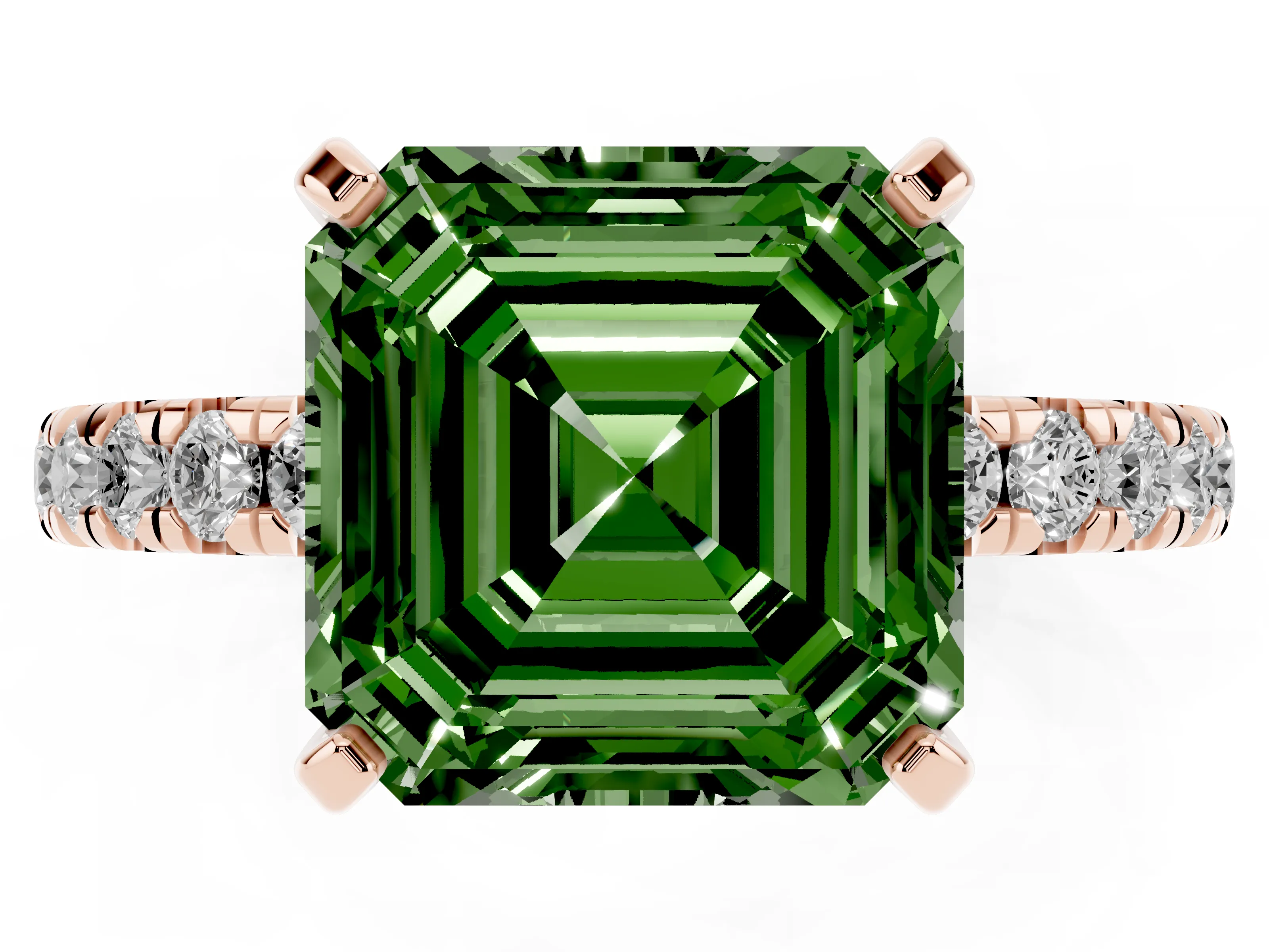 Fancy Green Asscher Cut Diamond Pavé Solitaire Ring Set in Rose gold with Round Band and Prong Setting