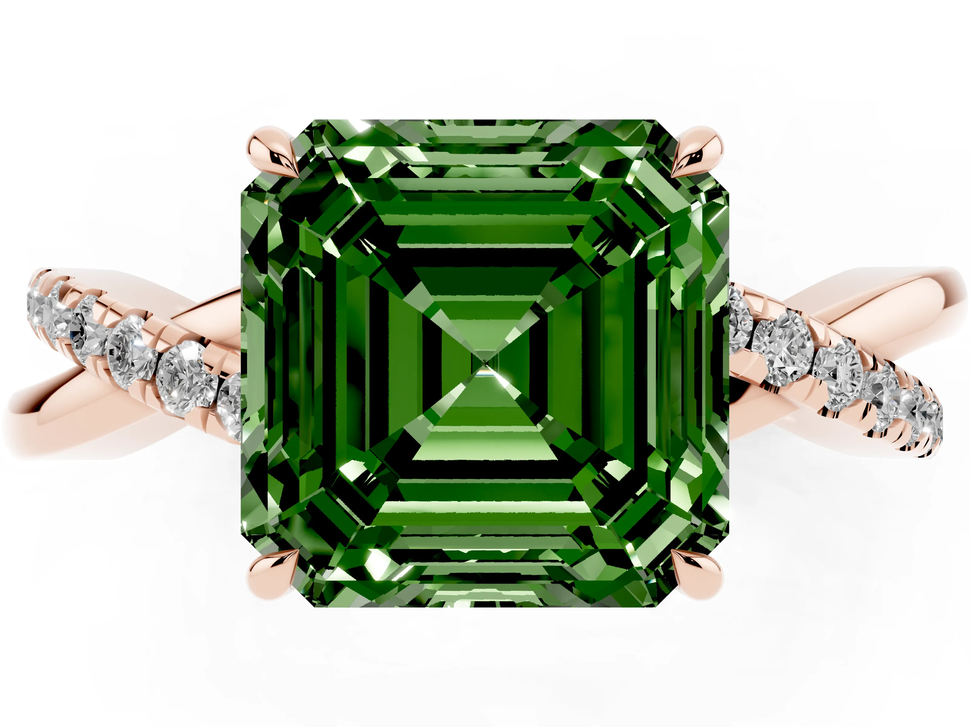 Fancy Green Asscher Cut Diamond Twisted Pavé Band Ring Set in Rose gold with Prong Setting
