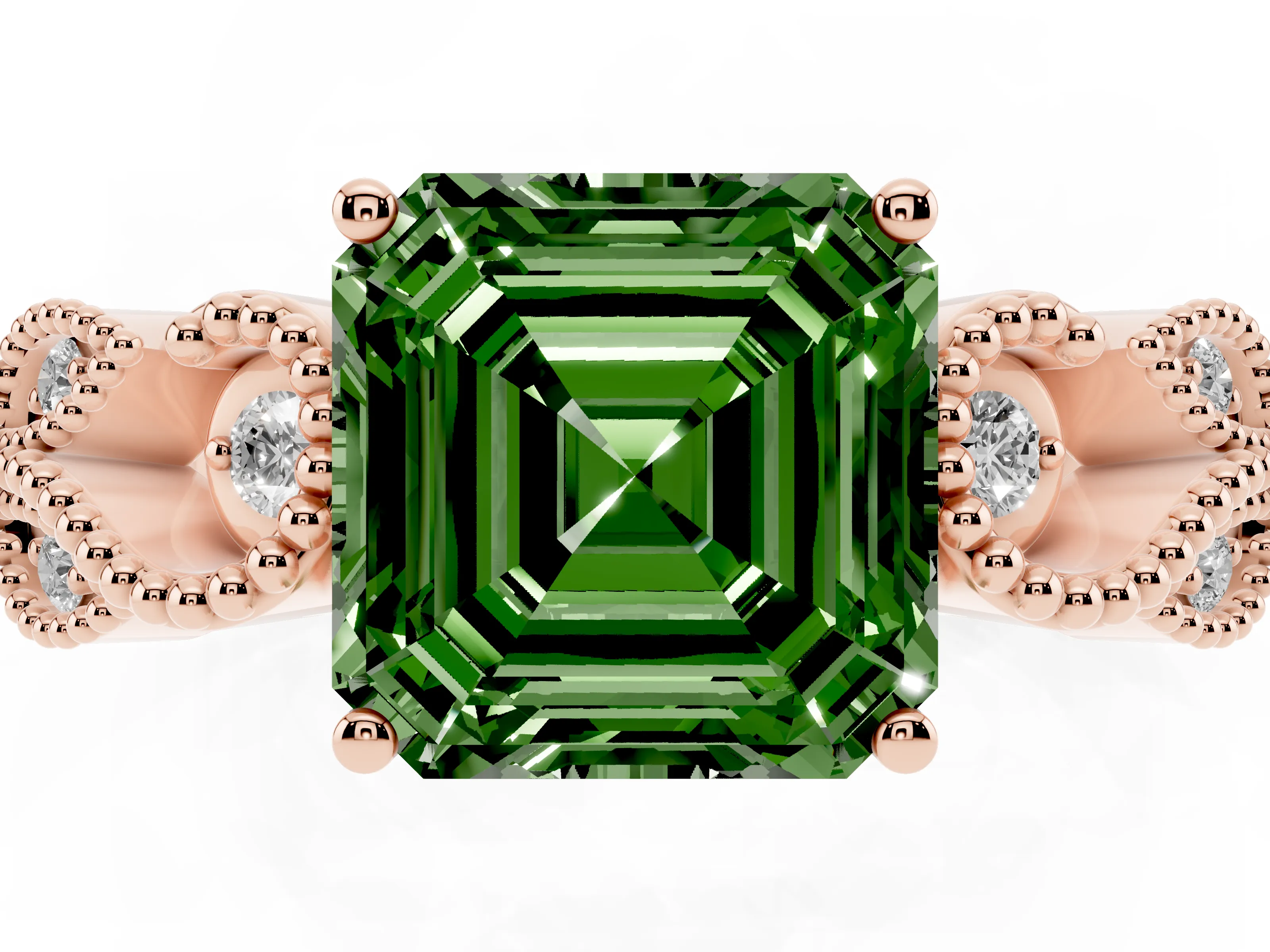 Fancy Green Asscher Cut Diamond Milgrain Leaf Band Solitaire Ring Set in Rose gold with Accent Stones and Prong Setting