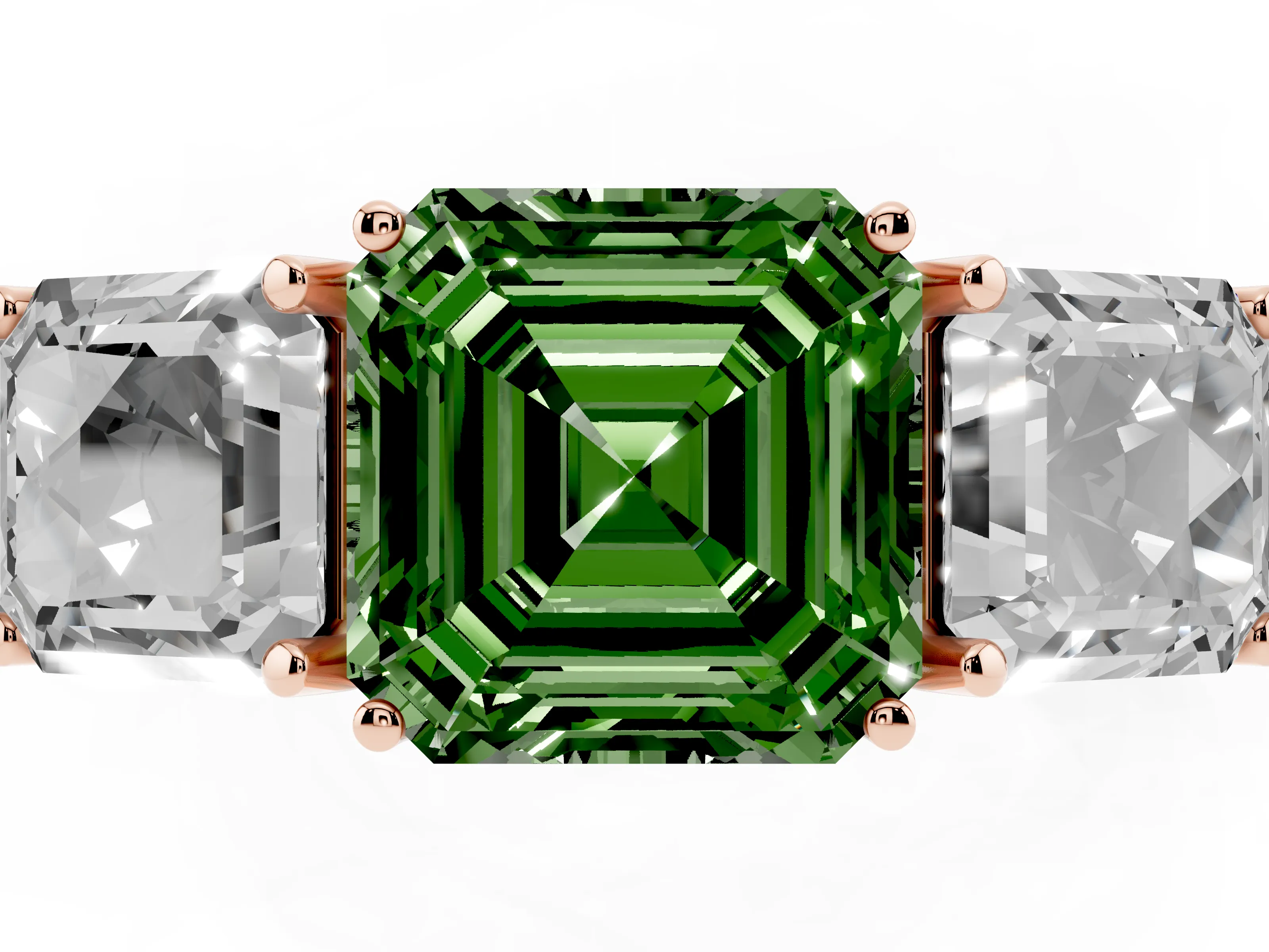 Fancy Green Asscher Cut Diamond Three-Stone Engagement Ring Set in Rose gold with Milgrain Pavé Band