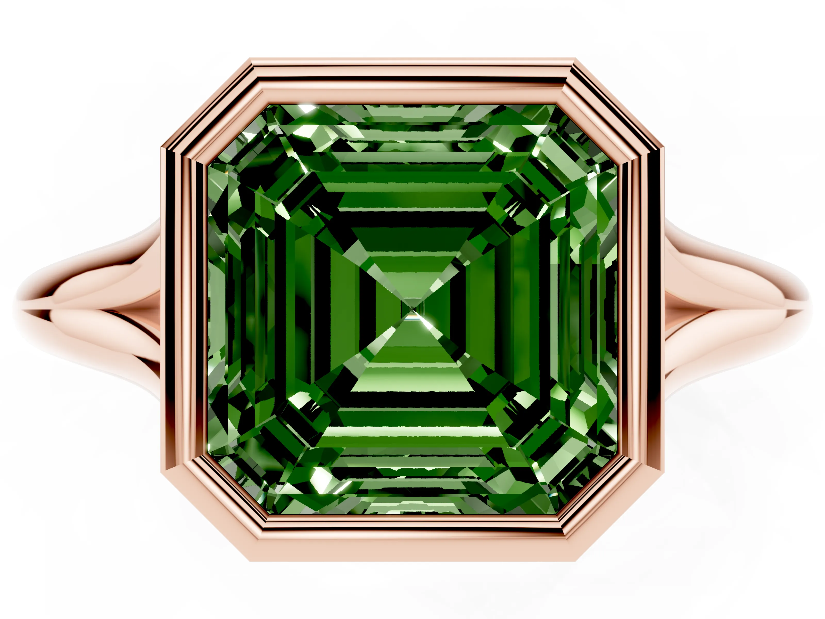 Fancy Green Bezel Set Asscher Cut Diamond Solitaire Ring Set in Rose gold with Tapered Band