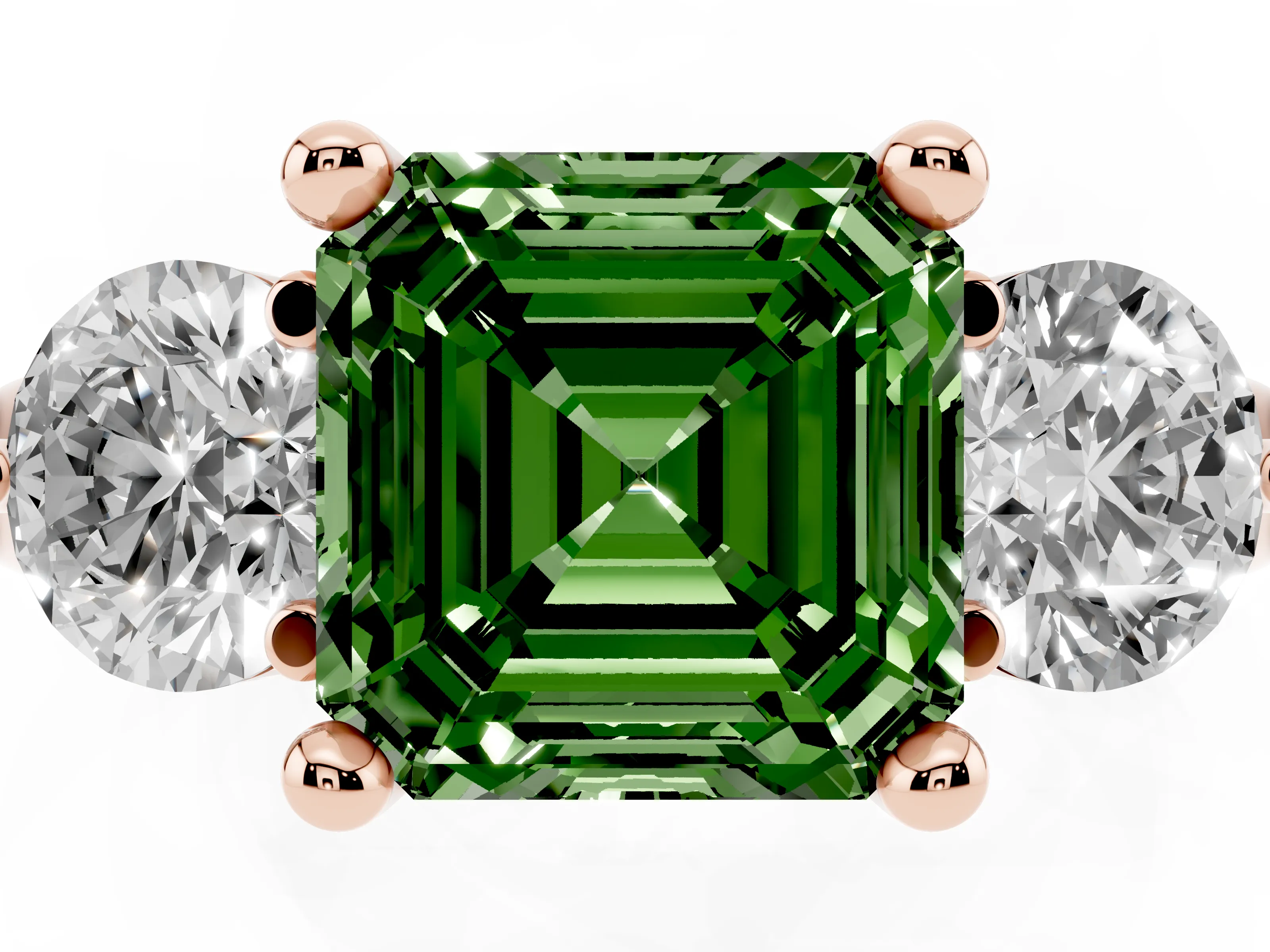 Fancy Green Asscher Cut Diamond Three-Stone Ring Set in Rose gold with Prong Setting and Classic Band