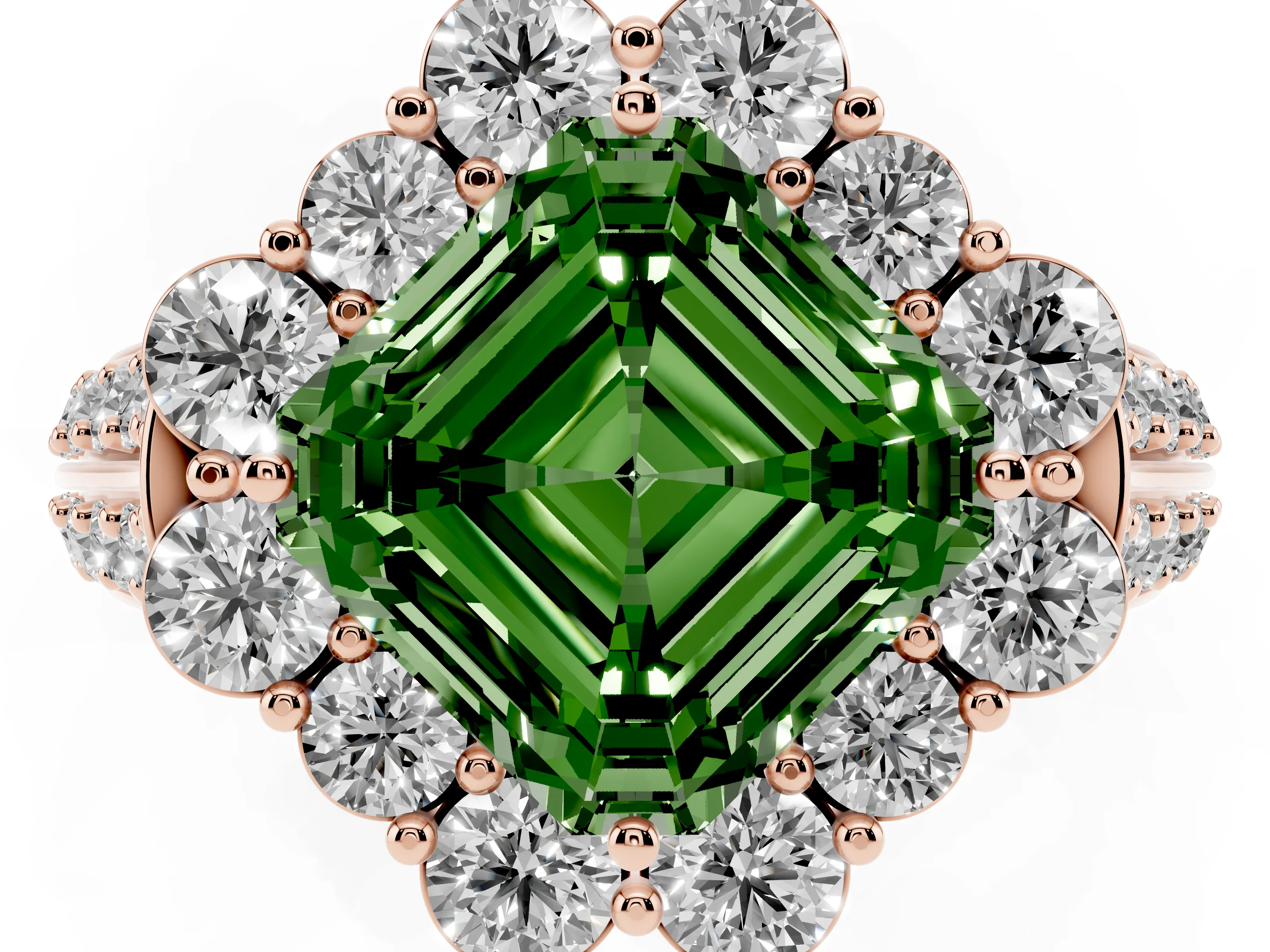 Fancy Green Asscher Cut Diamond Halo Engagement Ring Set in Rose gold with Split Shank and Prong Setting