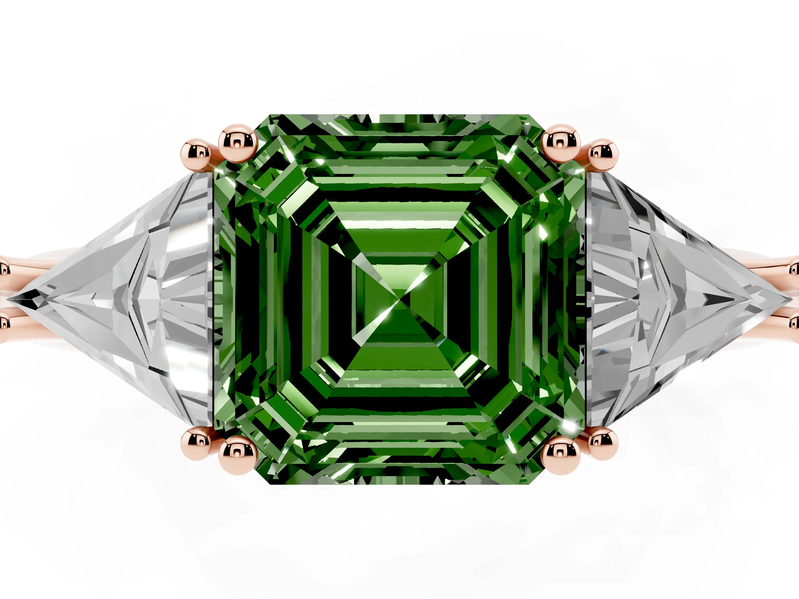 Fancy Green Asscher Cut Diamond Three-Stone Engagement Ring Set in Rose gold with Trillion Side Stones