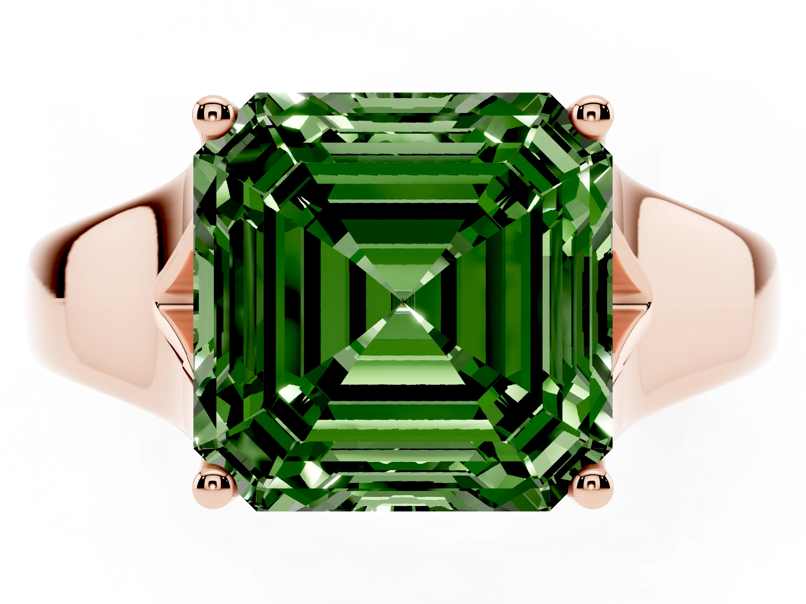 Fancy Green Asscher Cut Diamond Solitaire Ring Set in Rose gold with Arched Cathedral Band and Prong Setting