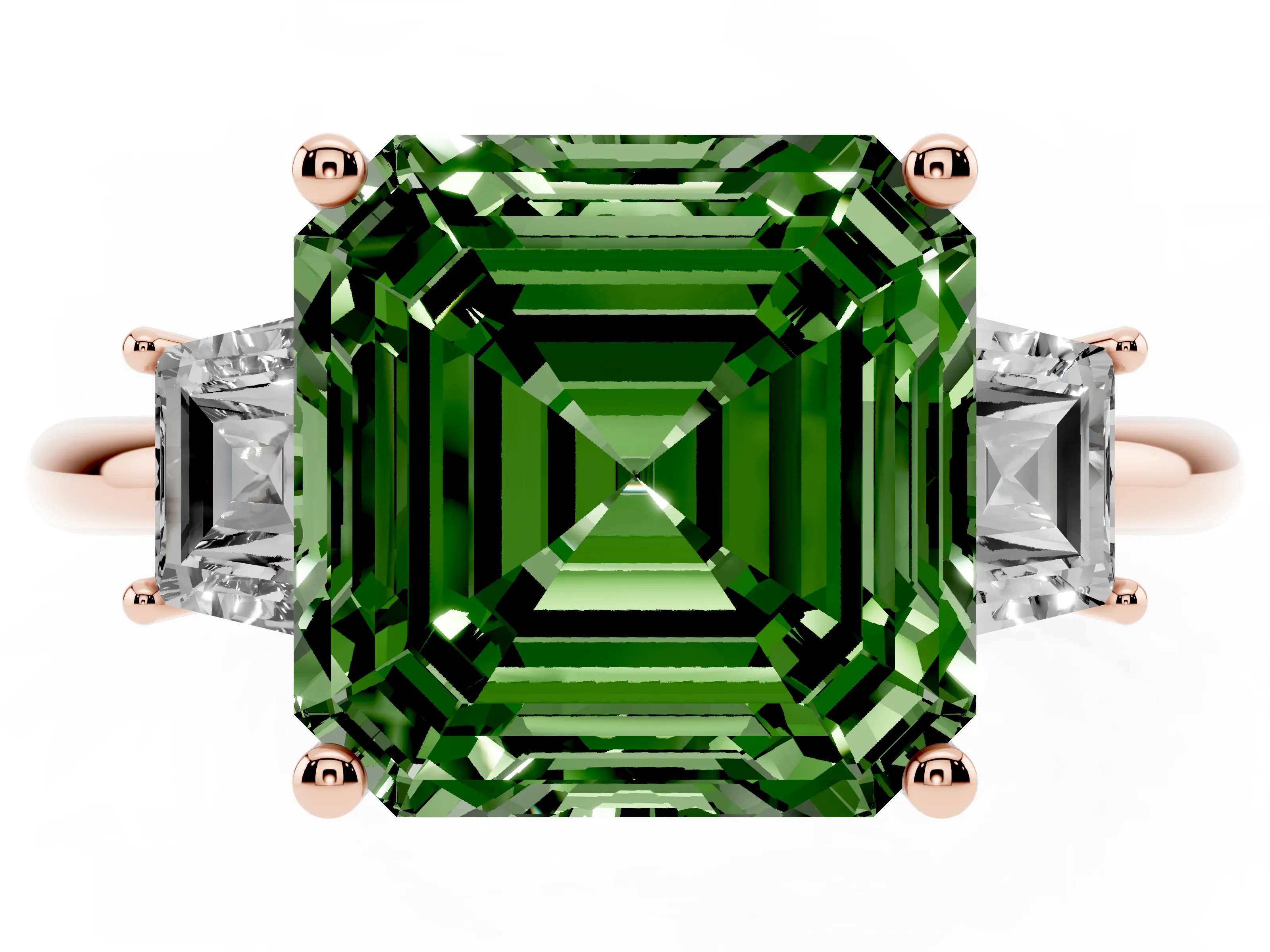 Fancy Green Asscher Cut Diamond Three-Stone Ring Set in Rose gold with Trapezoid Side Stones and Prong Setting