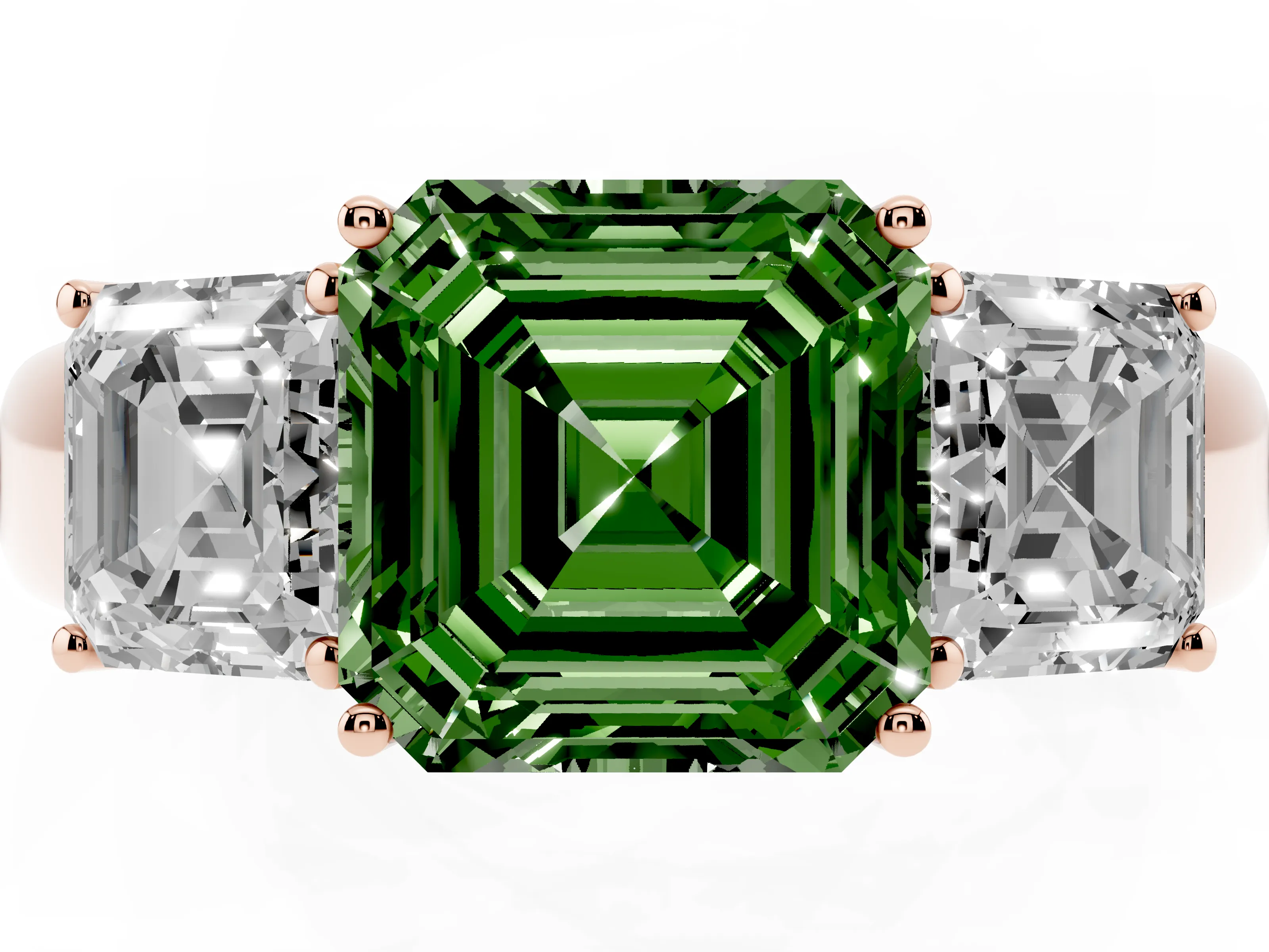 Fancy Green Three-Stone Asscher Cut Diamond Ring Set in Rose gold with Matching Prong Settings and Plain Band