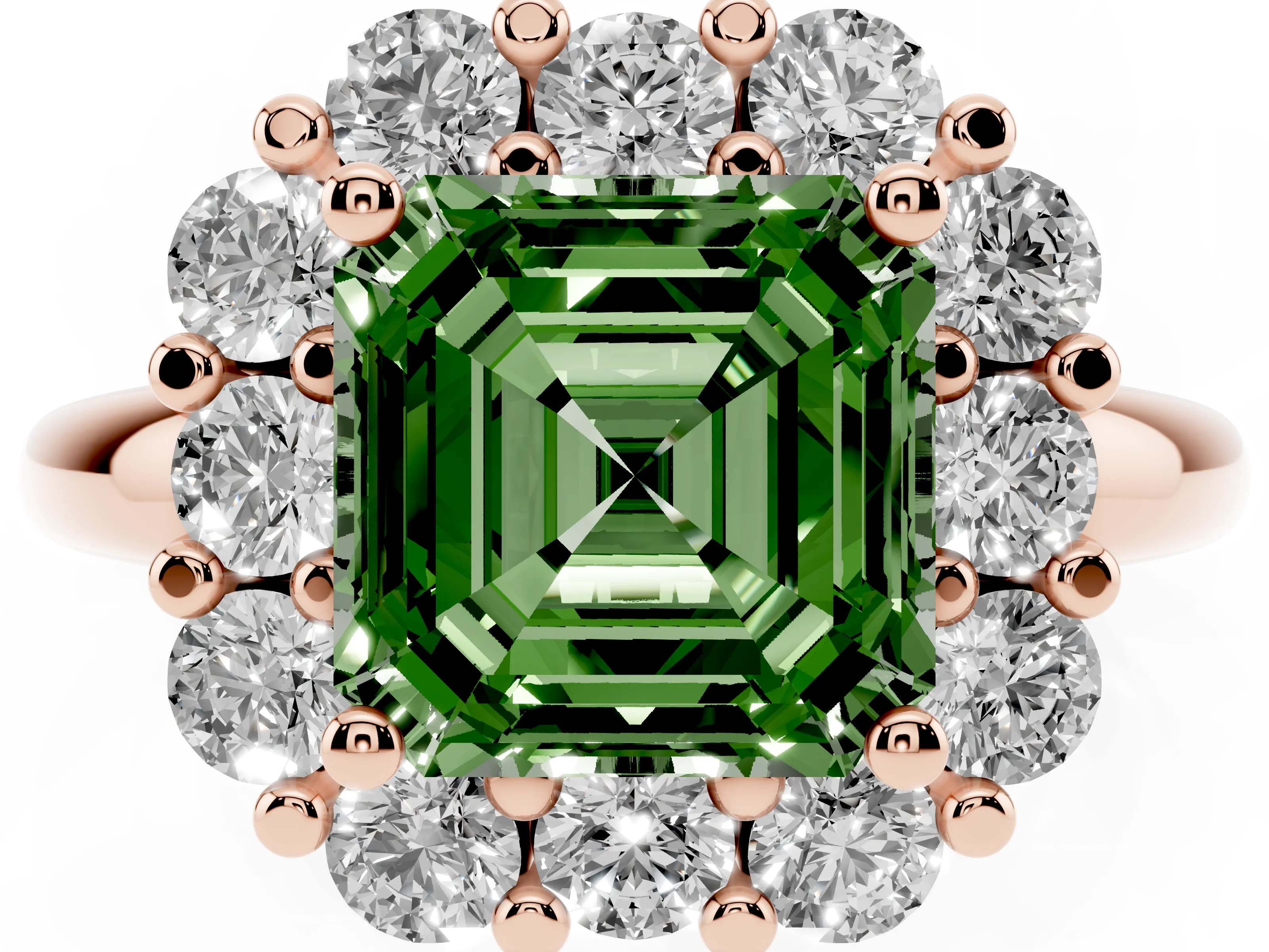 Fancy Green Asscher Cut Diamond Halo Cluster Engagement Ring Set in Rose gold with Polished Band and Prong Setting