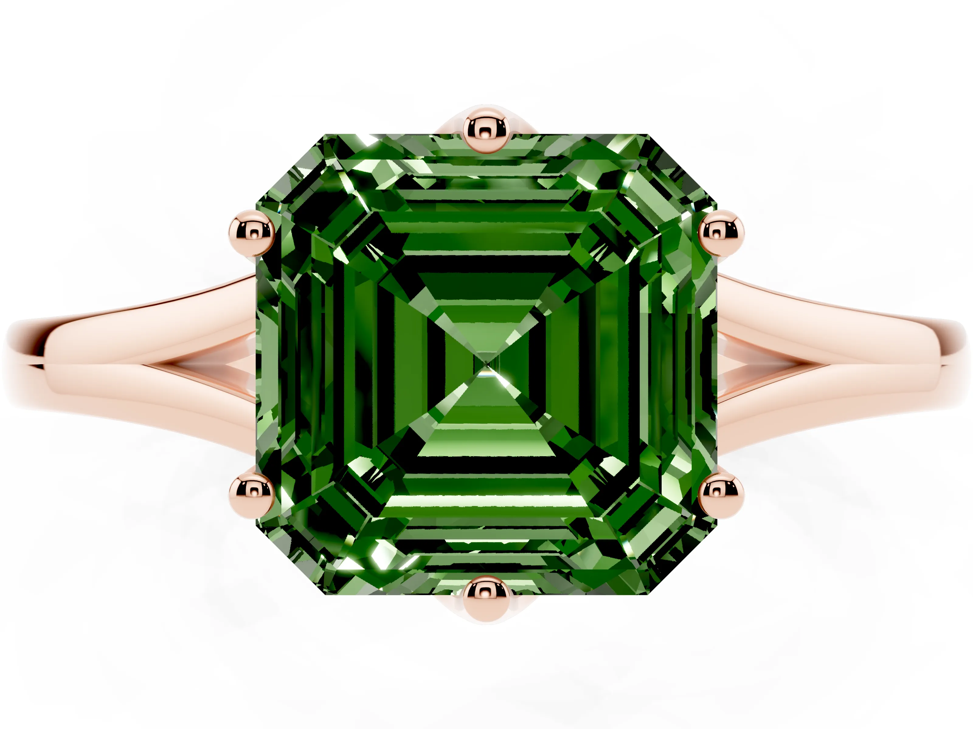Fancy Green Asscher Cut Diamond Solitaire Ring Set in Rose gold with Polished Tapered Band and Prong Setting