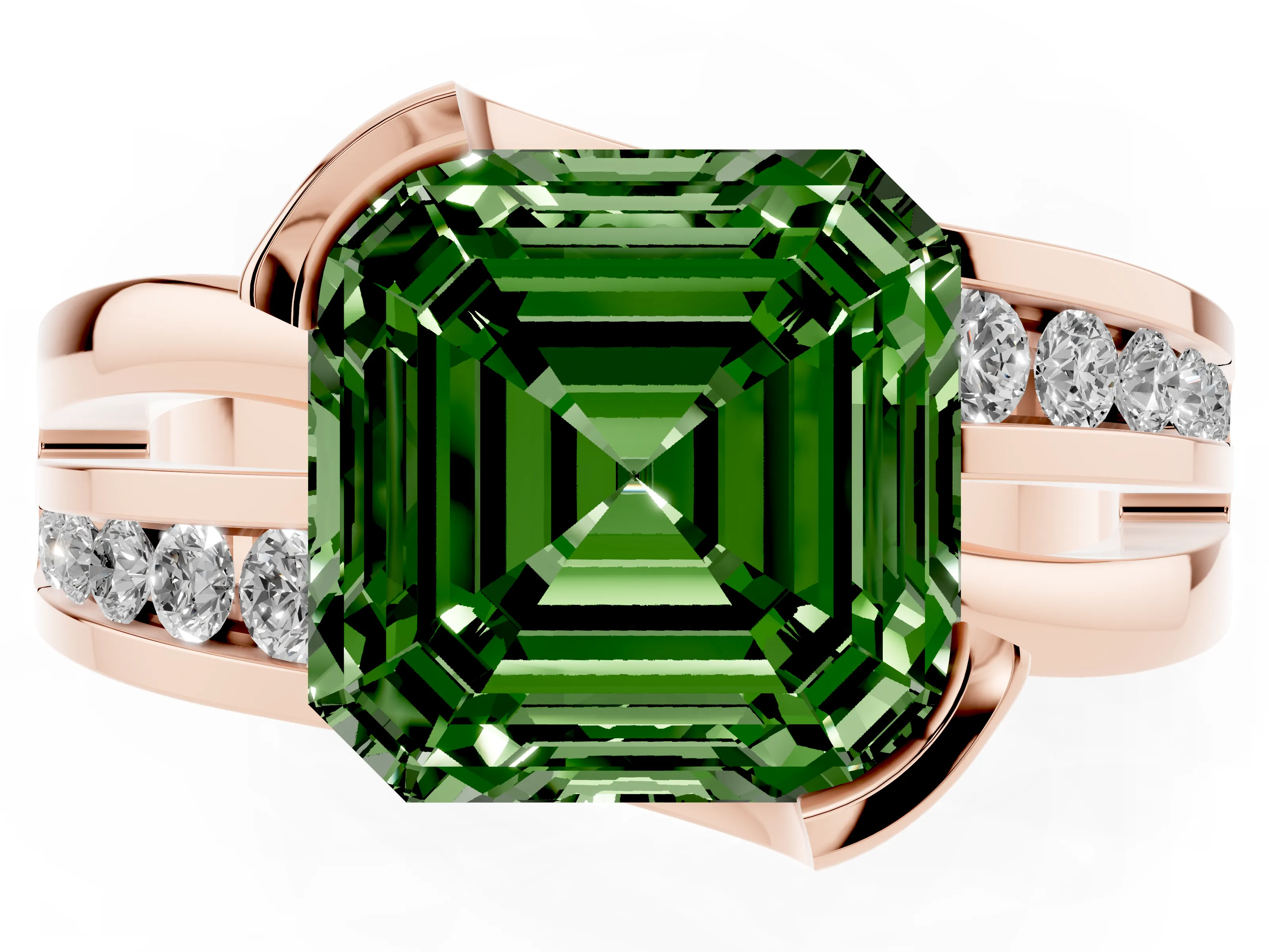 Fancy Green Asscher Cut Diamond Solitaire Ring Set in Rose gold with Channel Set Split Shank and Tension Prongs