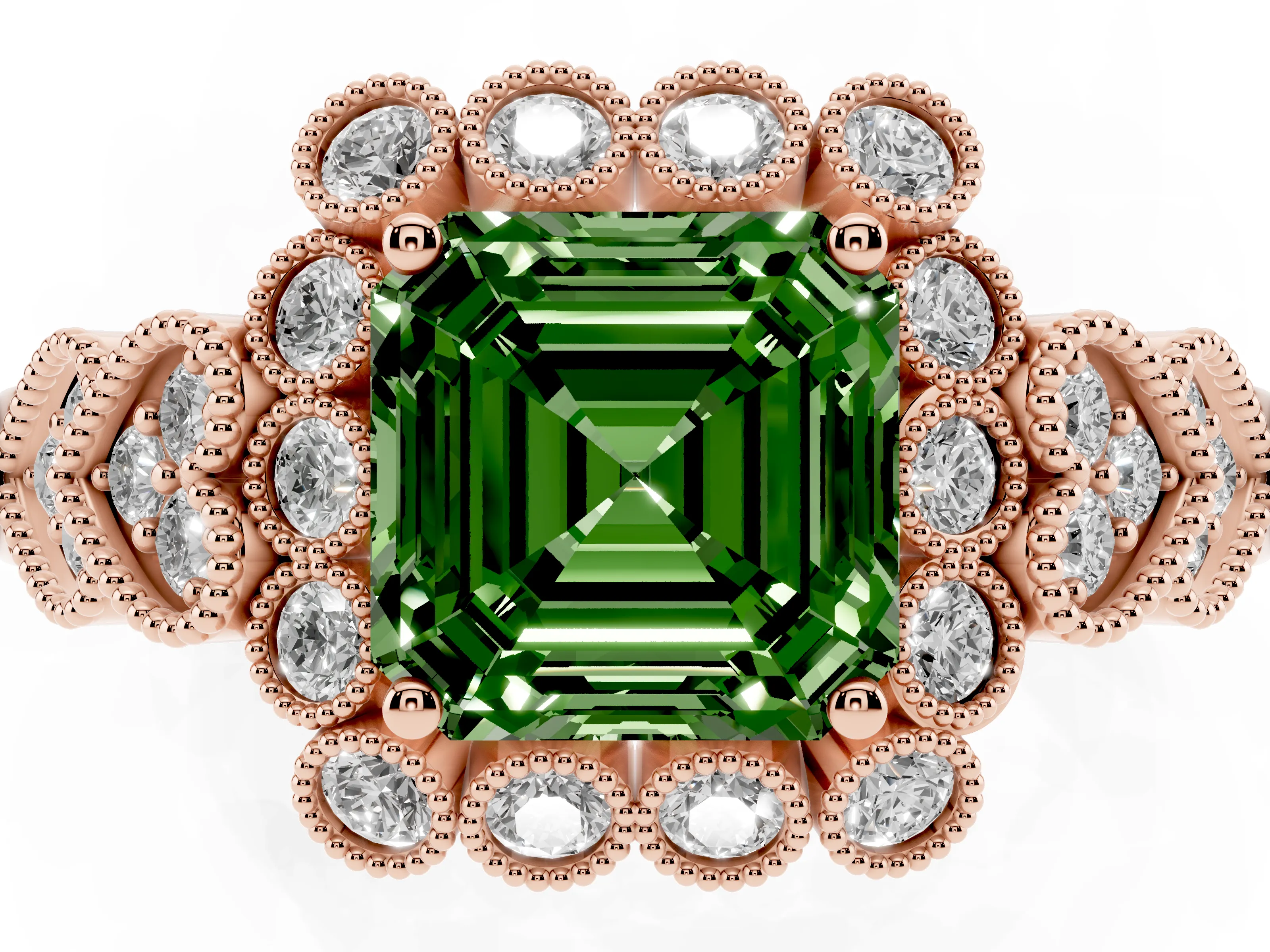 Fancy Green Asscher Cut Diamond Solitaire Ring Set in Rose gold with Milgrain Pavé Heart Band