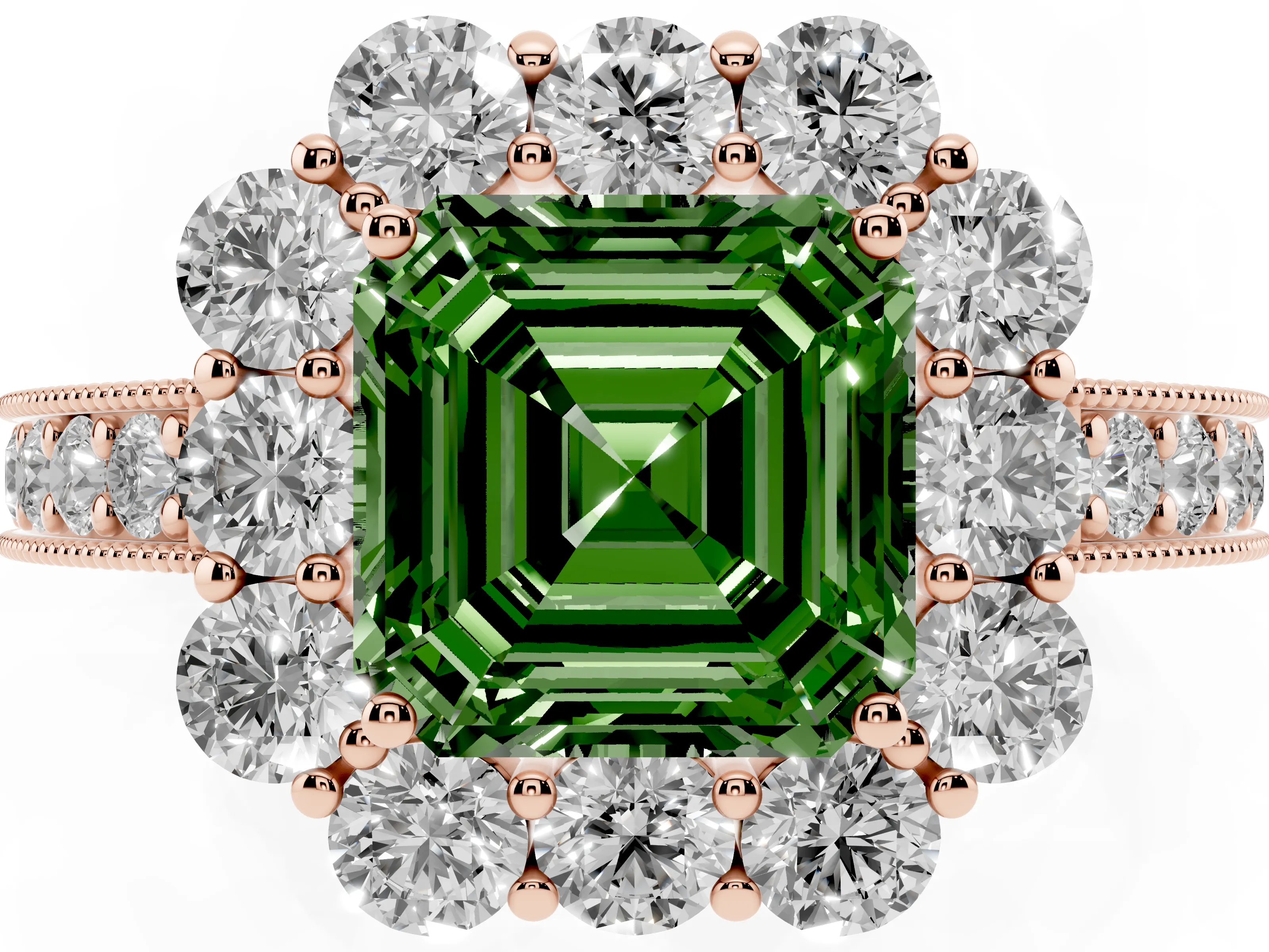 Fancy Green Asscher Cut Diamond Halo Pavé Engagement Ring Set in Rose gold with Milgrain Detailing